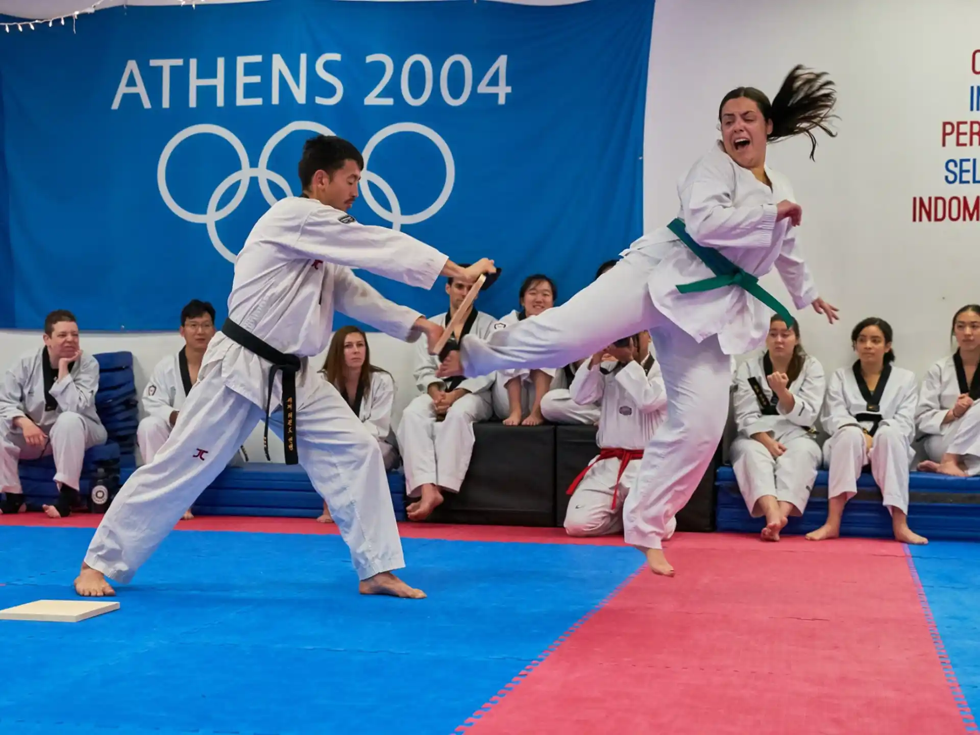 a man and woman practicing martial arts