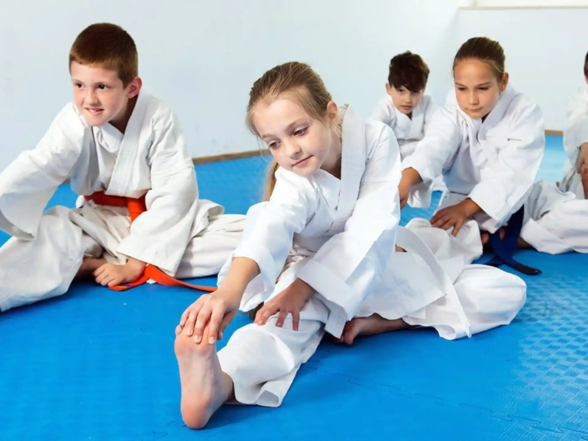 a group of children in karate uniforms