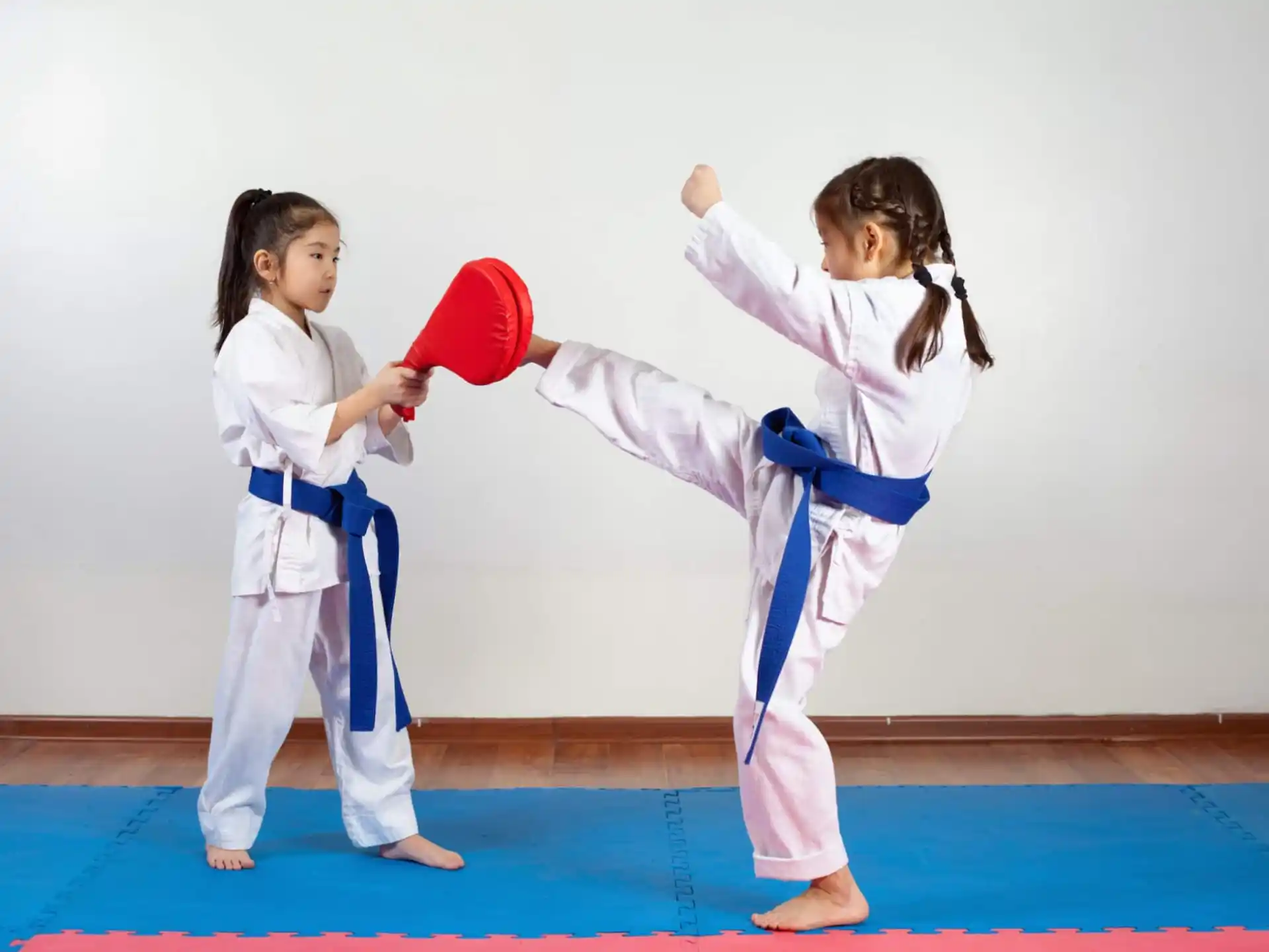 a couple of girls in karate uniforms