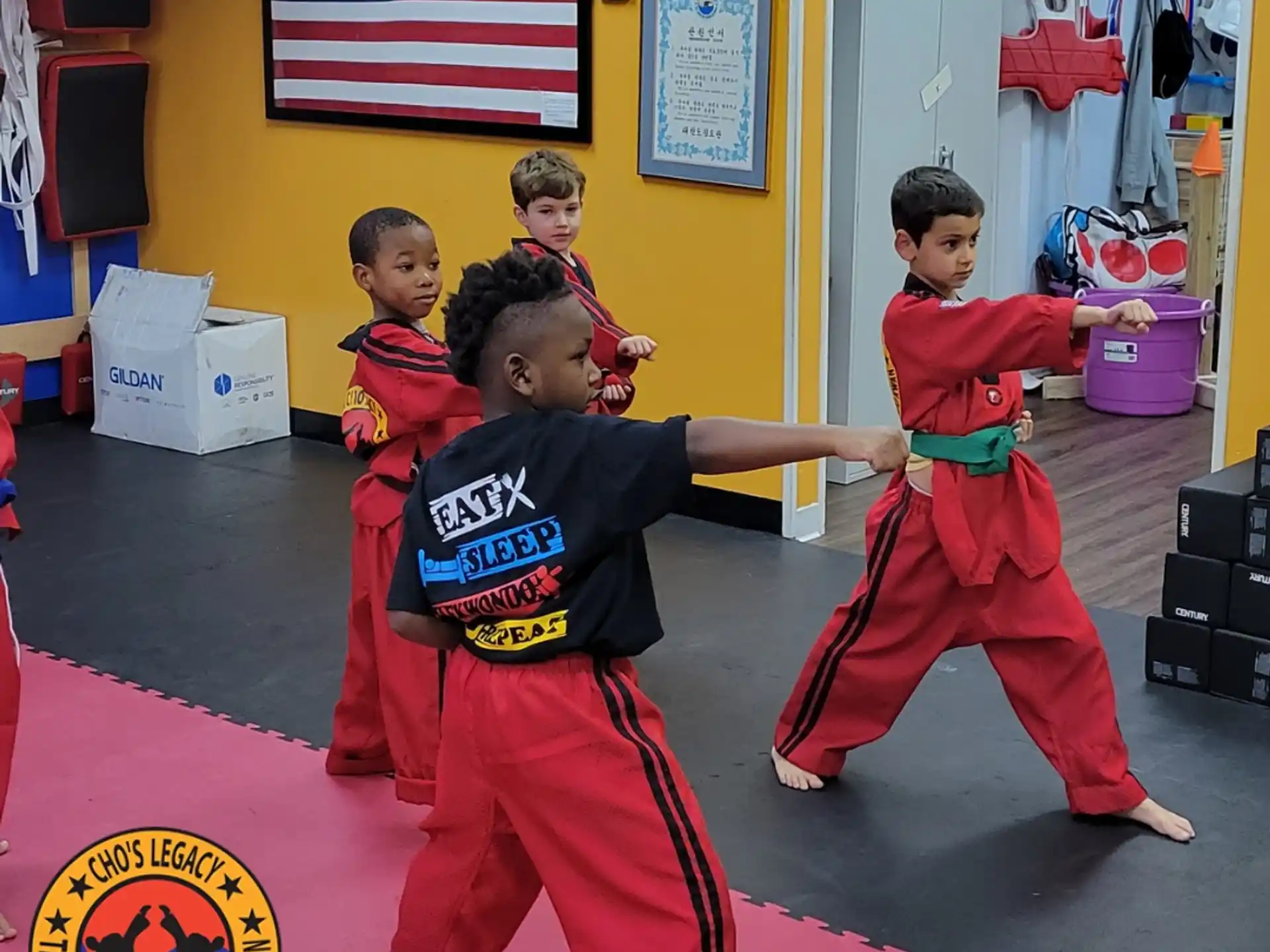 a group of boys in red karate uniforms in a room with a flag