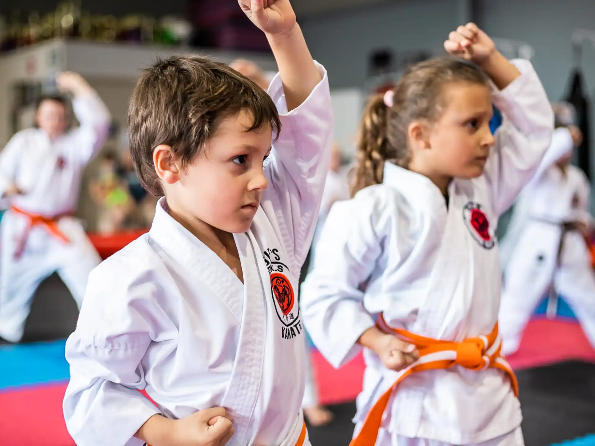 a group of children in karate uniforms