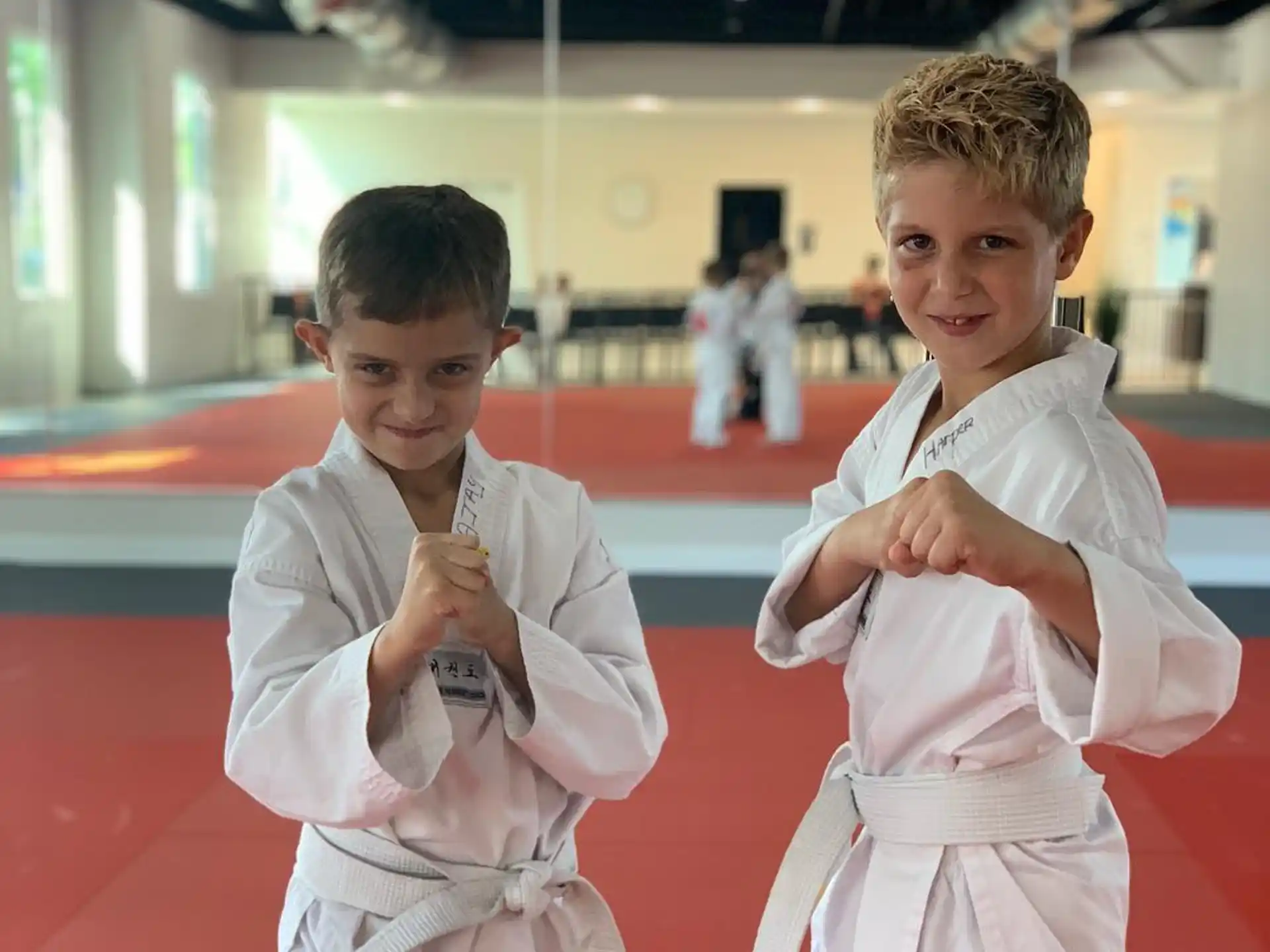 a couple of boys in karate uniforms