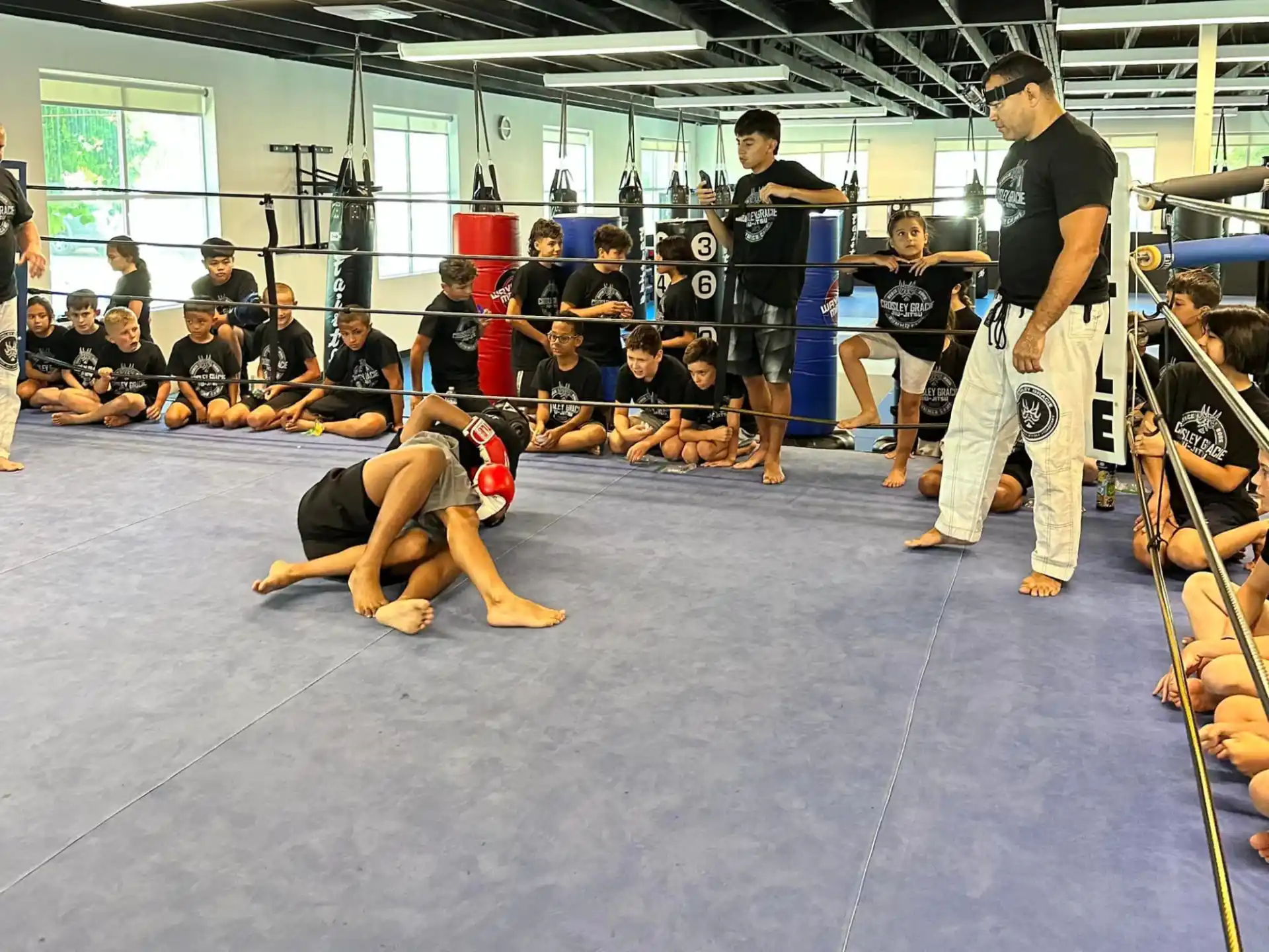 a group of people in a gym
