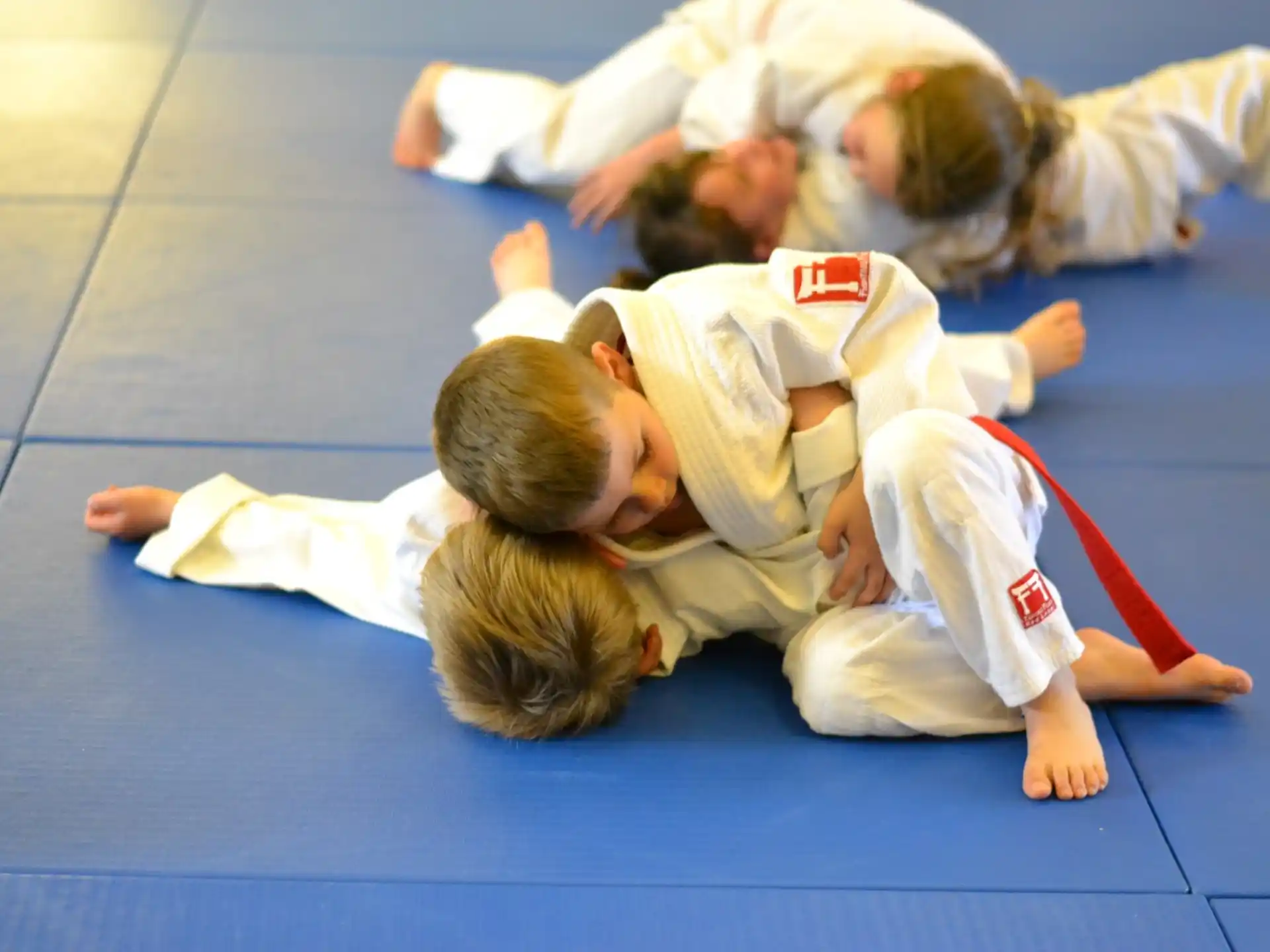 a group of children in karate uniforms