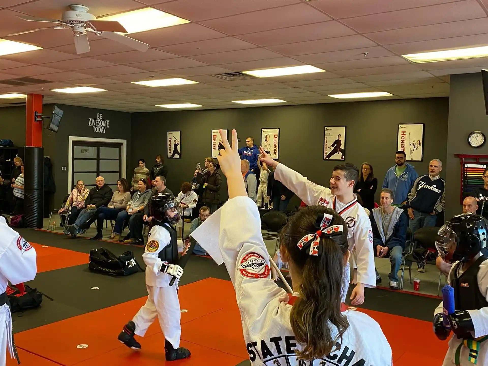 a group of people in a gym