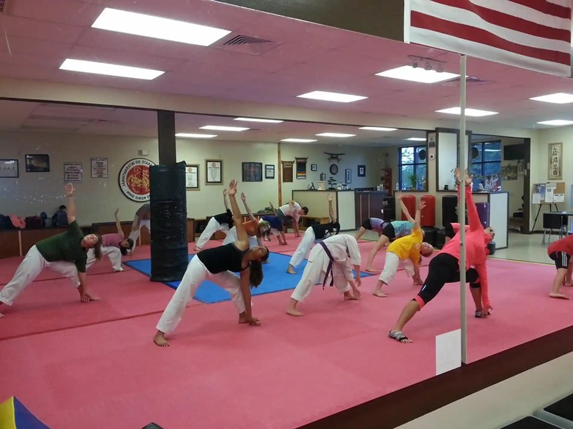 a group of people in a gym