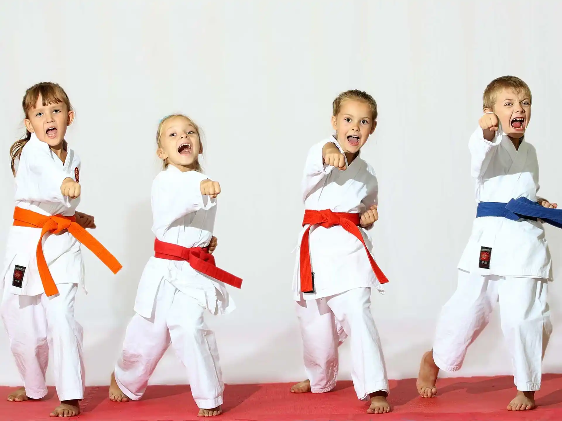 a group of children in white karate uniforms