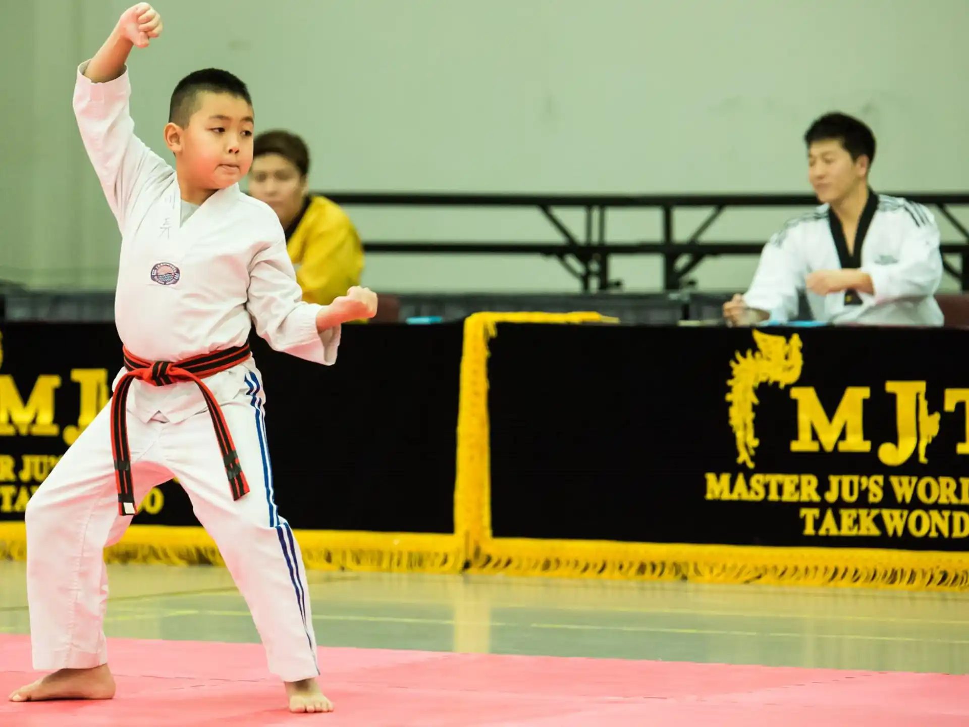 a boy in a karate uniform