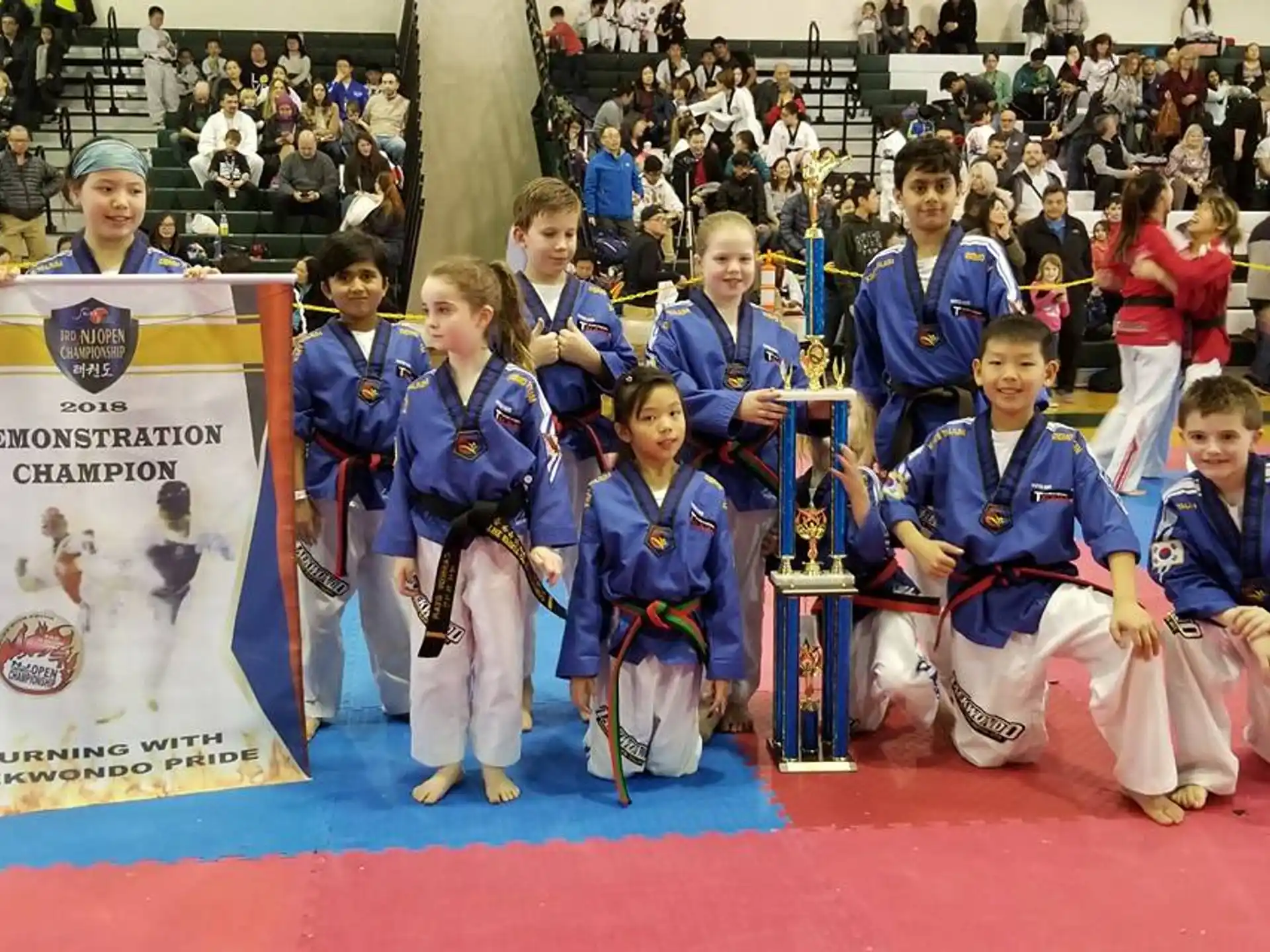 a group of people in blue karate uniforms posing for a photo