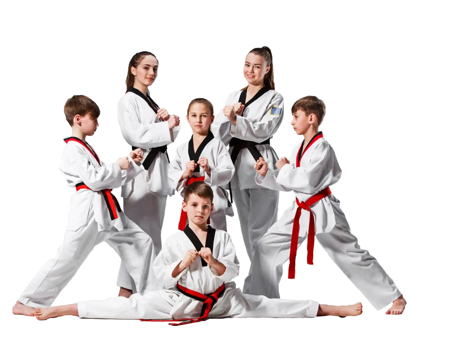 a group of people in white karate uniforms