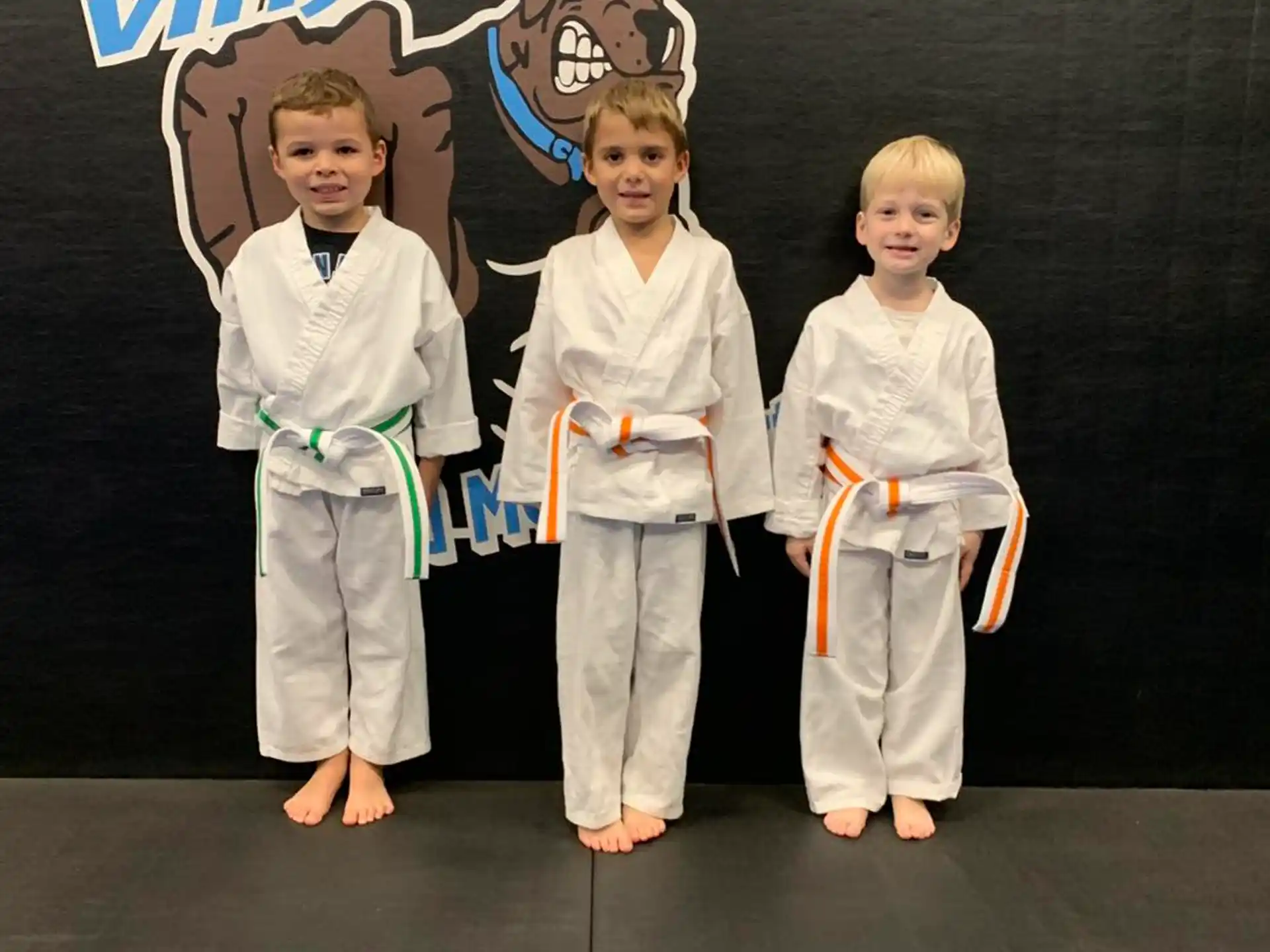 a group of children in karate uniforms