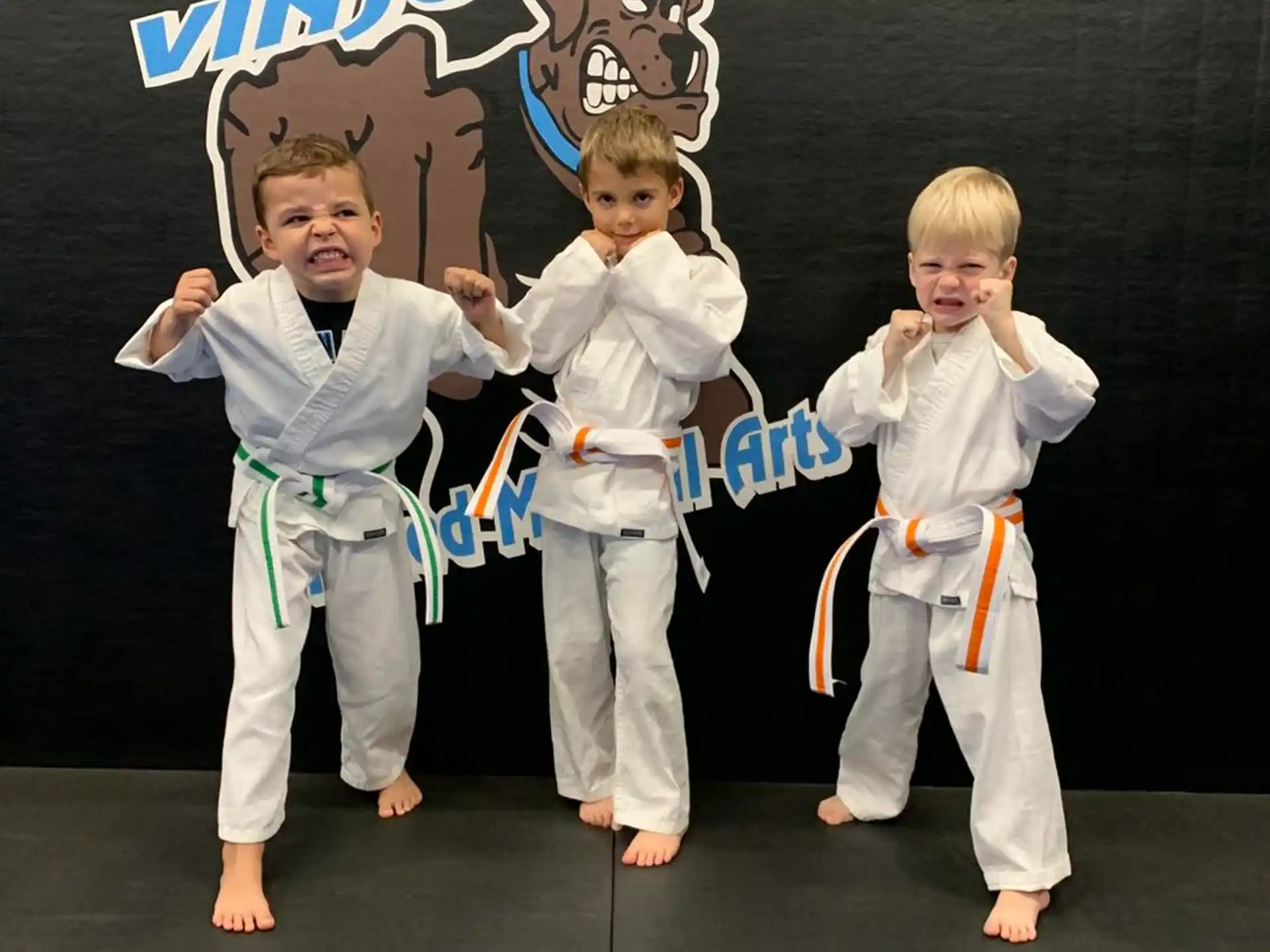 a group of children in karate uniforms