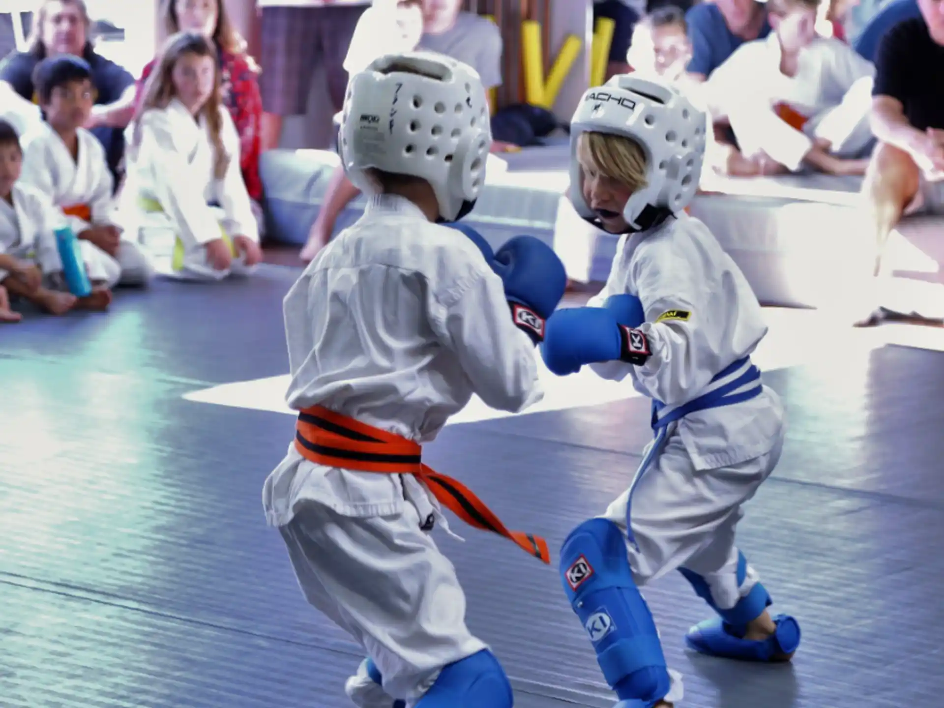 kids wearing helmets and holding swords
