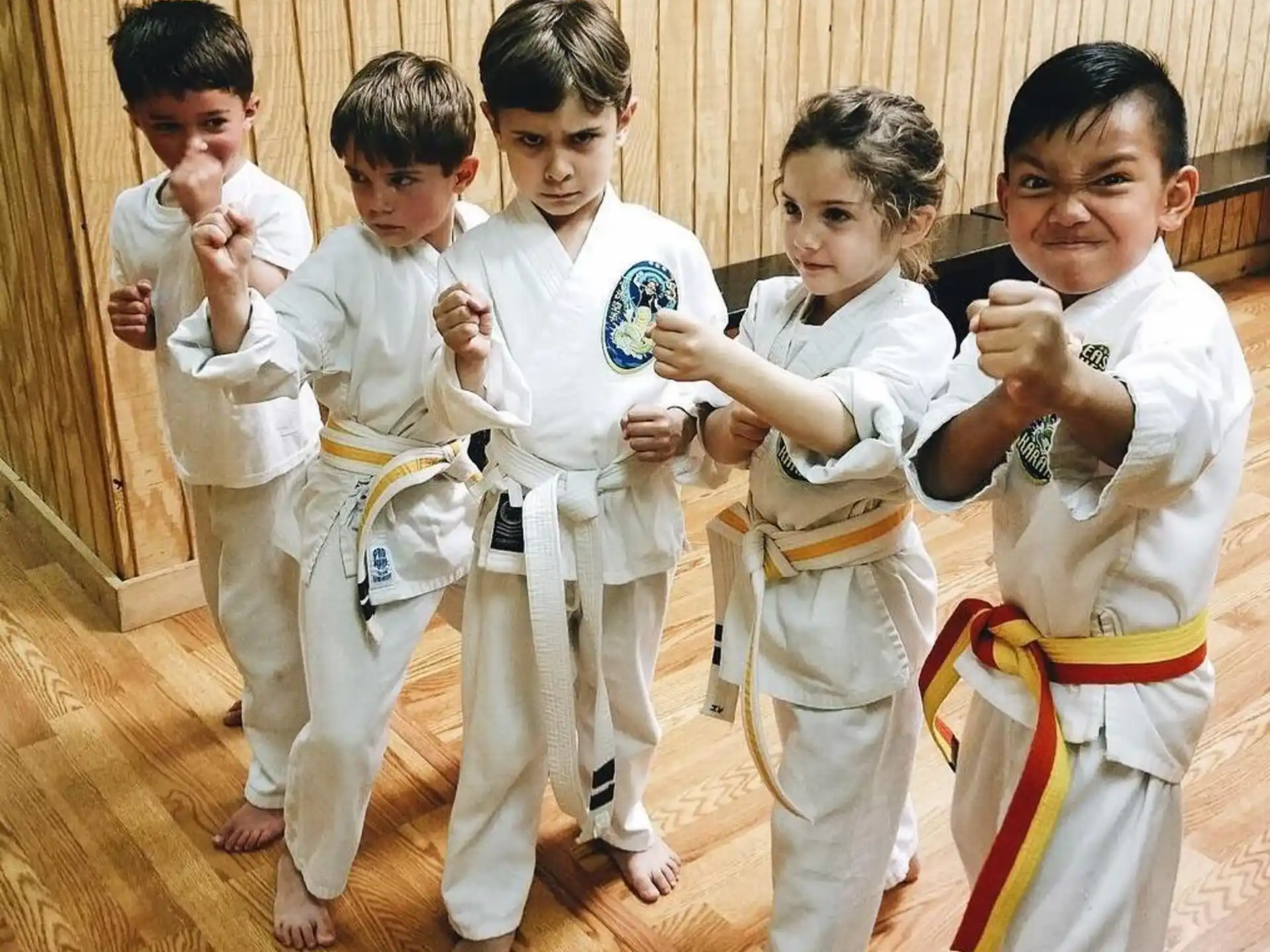 a group of kids in karate uniforms