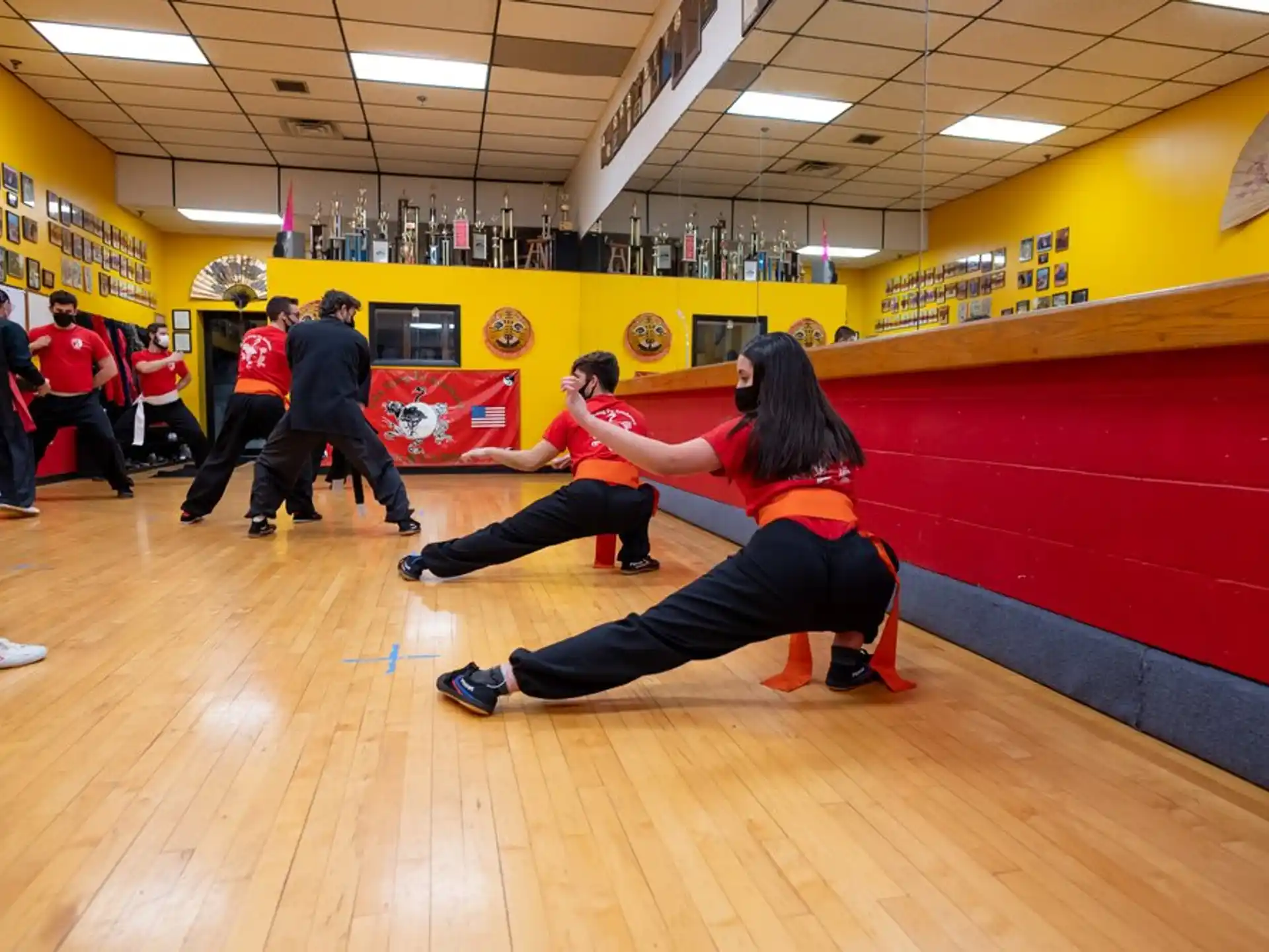 a group of people in a gym