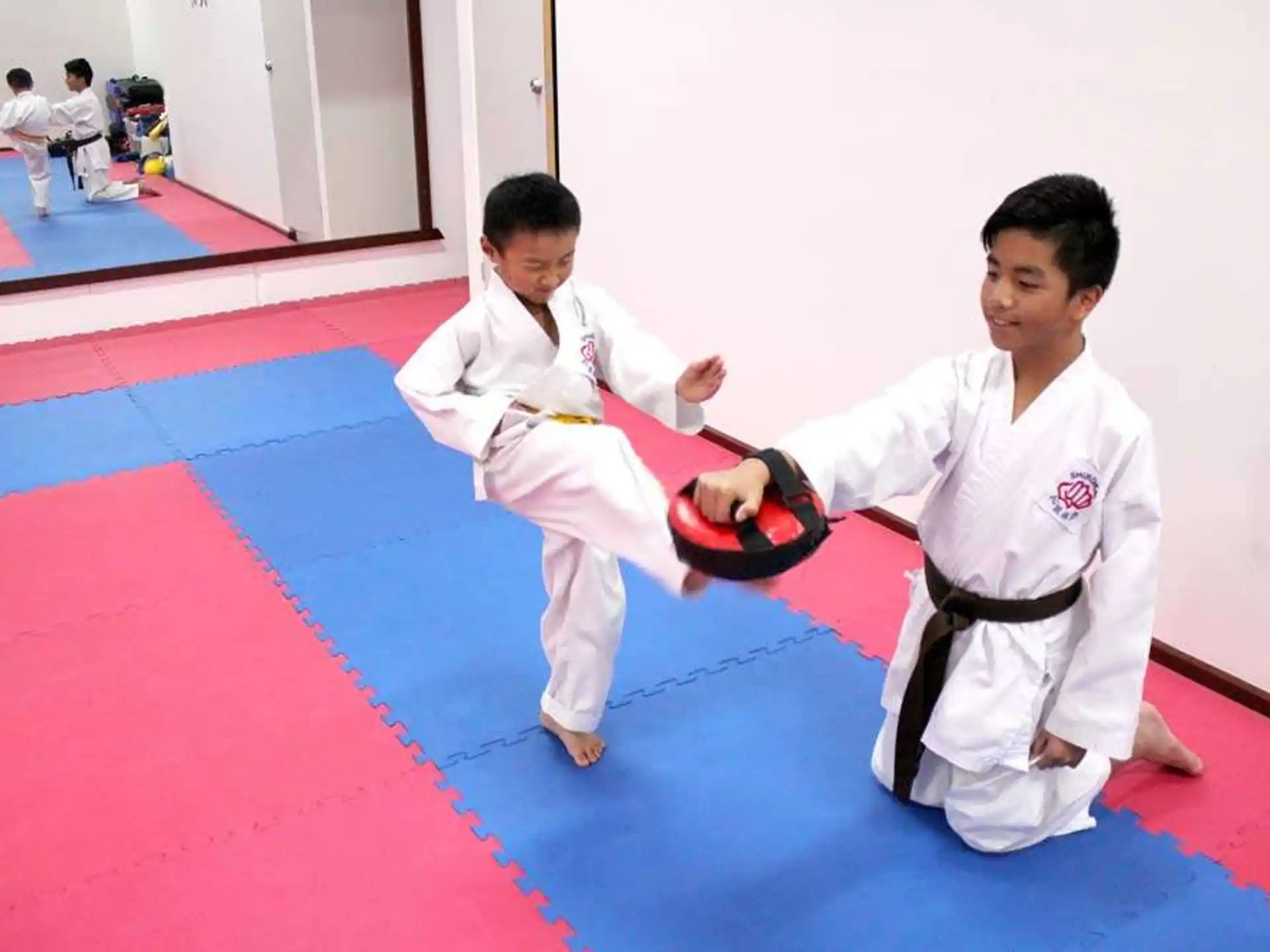 a couple of boys in karate uniforms