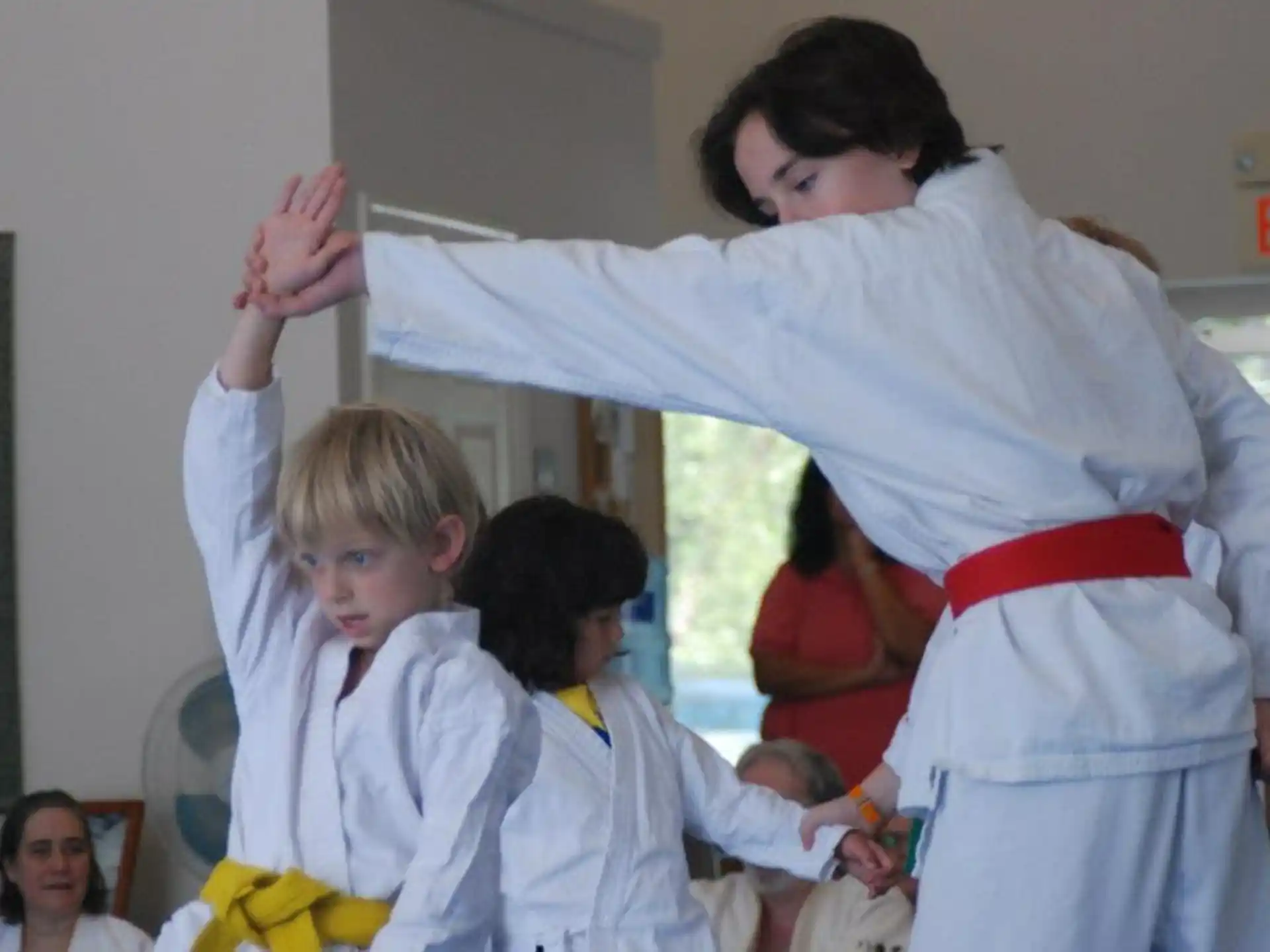 a person in a karate uniform with a group of children