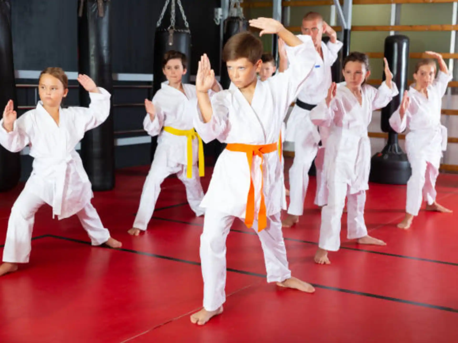a group of children in karate uniforms