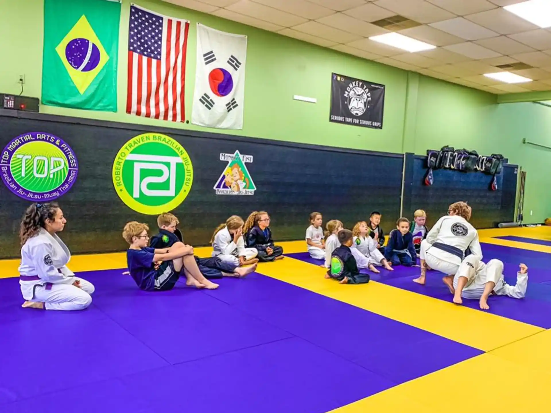 a group of people in a gym