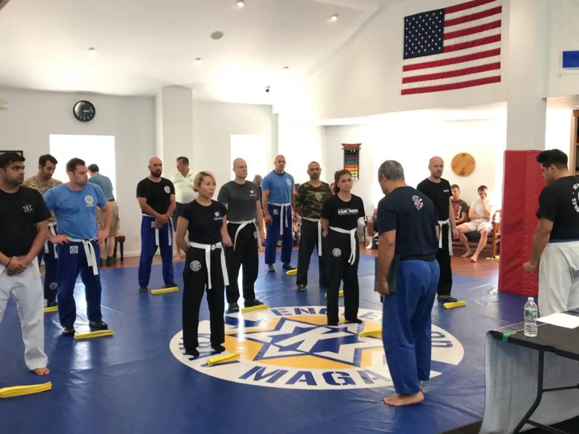 a group of people standing in a room