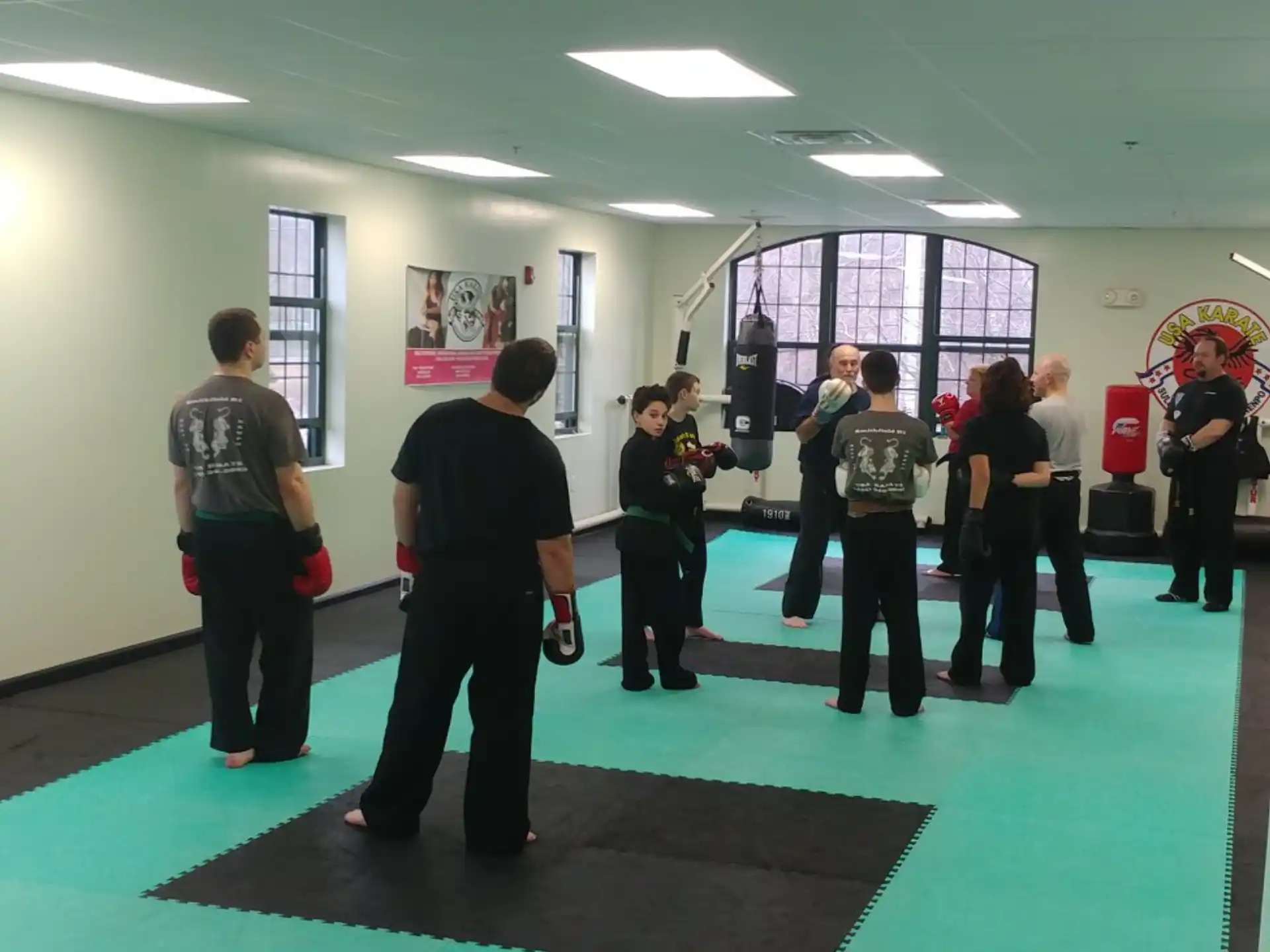 a group of people standing in a room