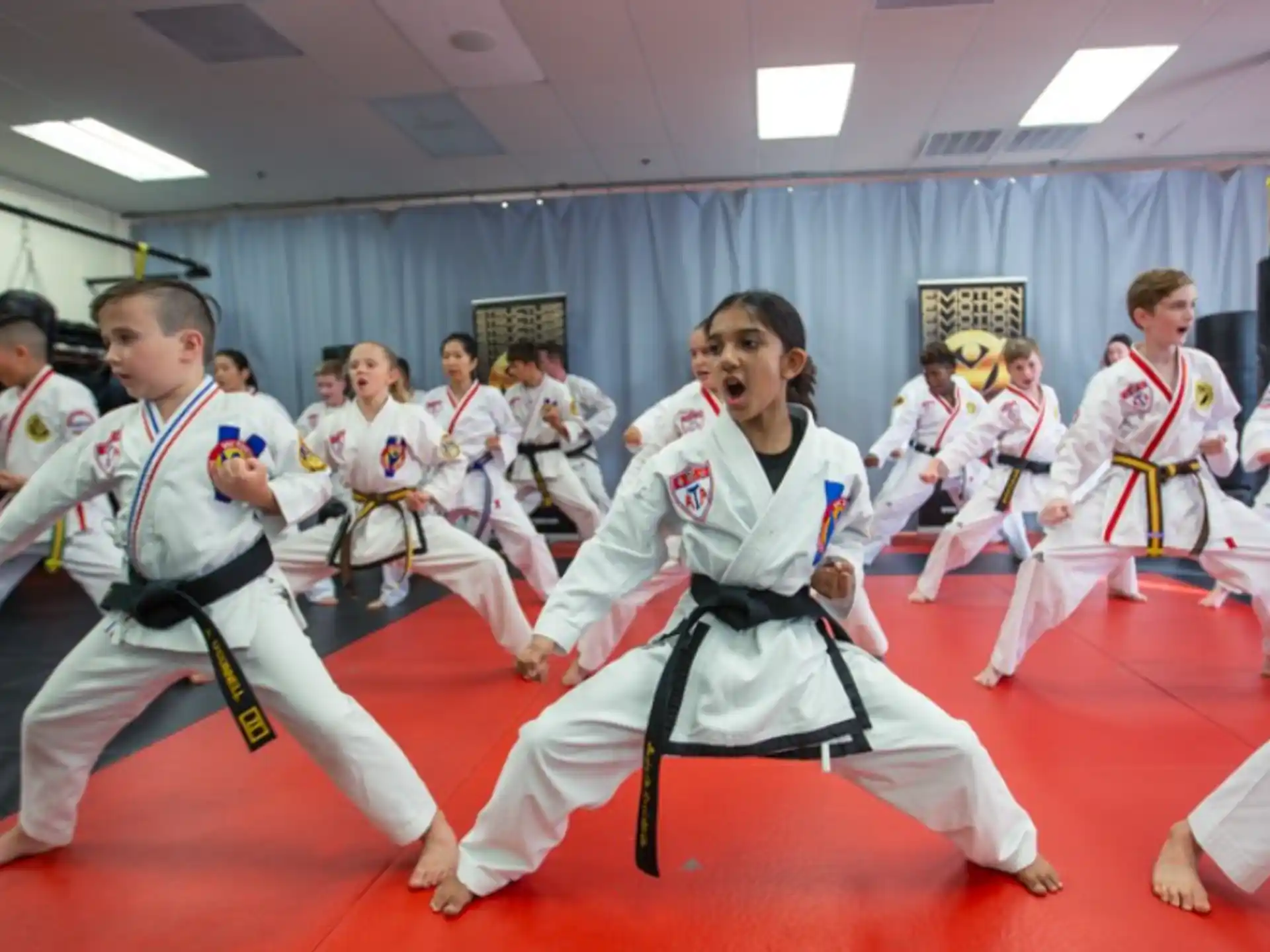 a group of people in karate uniforms