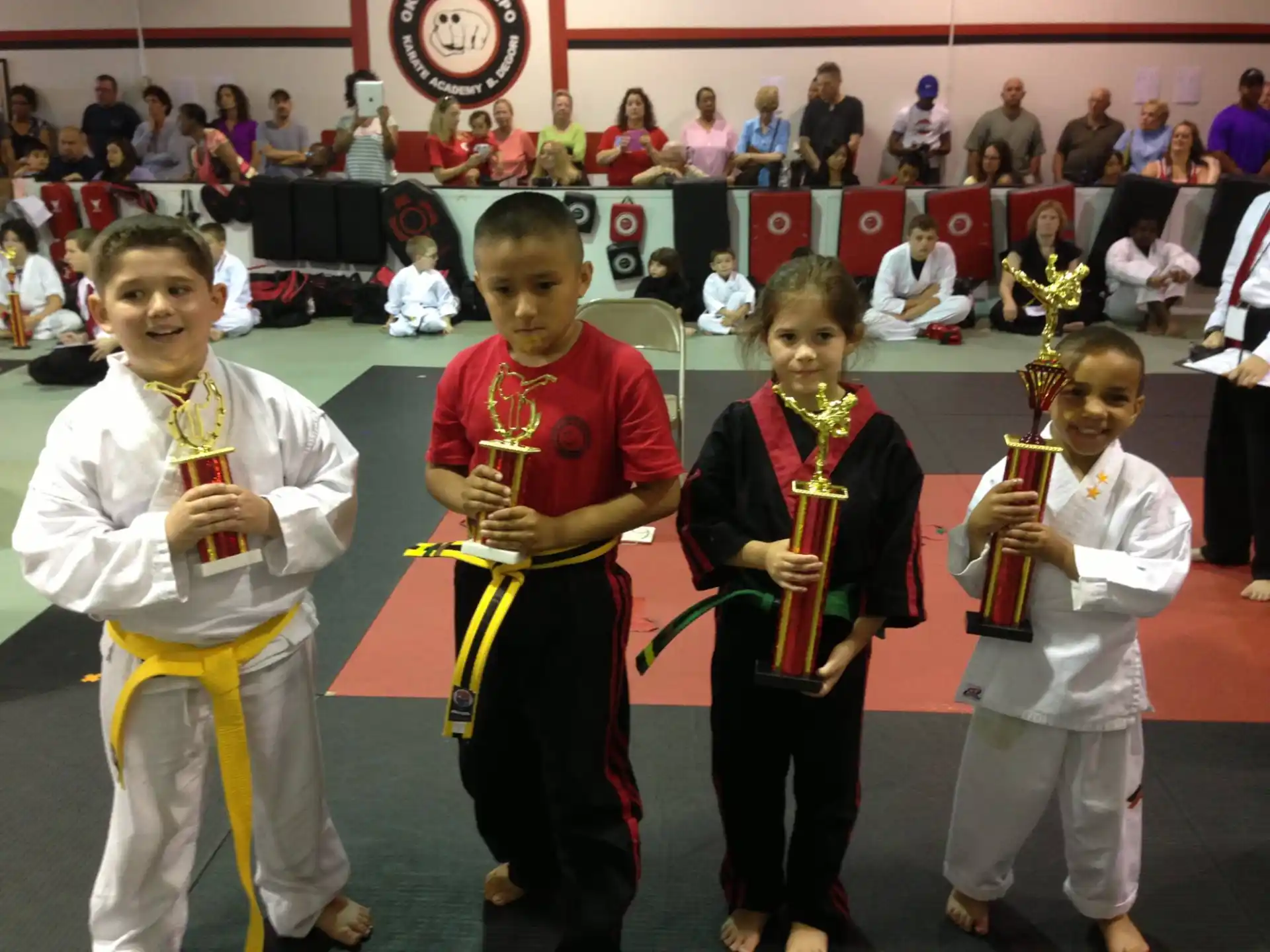 a group of kids in karate uniforms