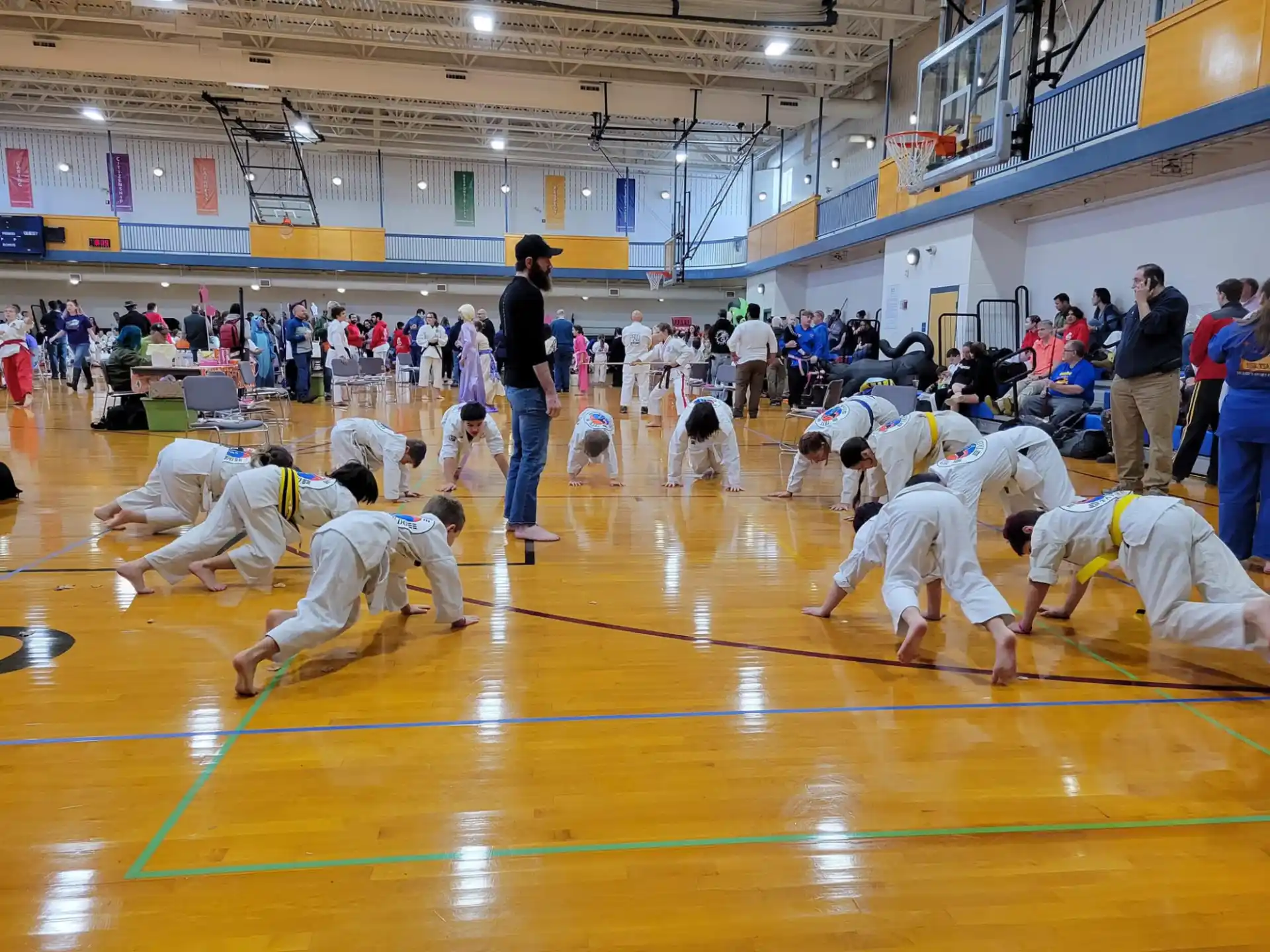 a group of people in a gym
