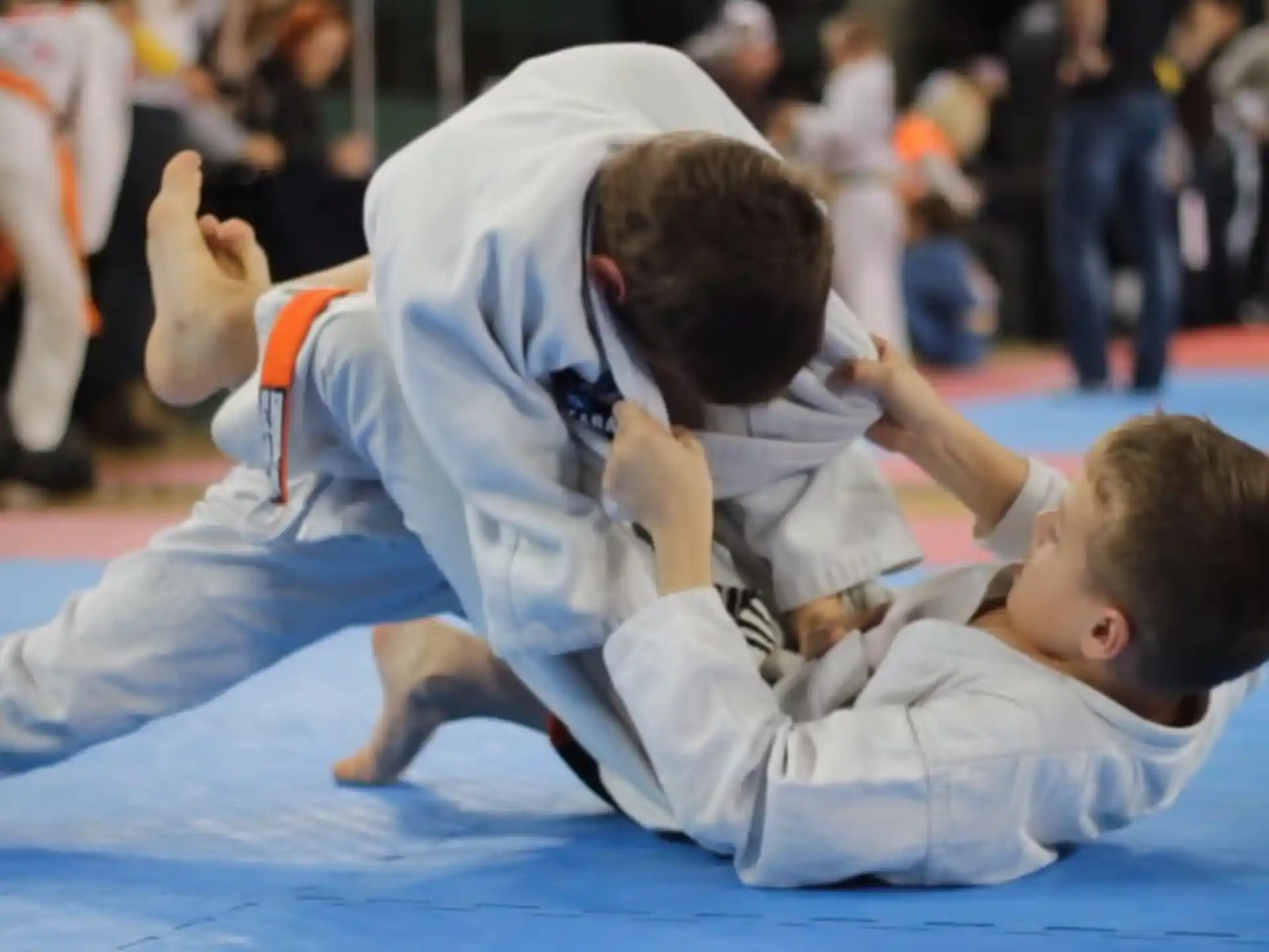 a couple of boys in karate uniforms