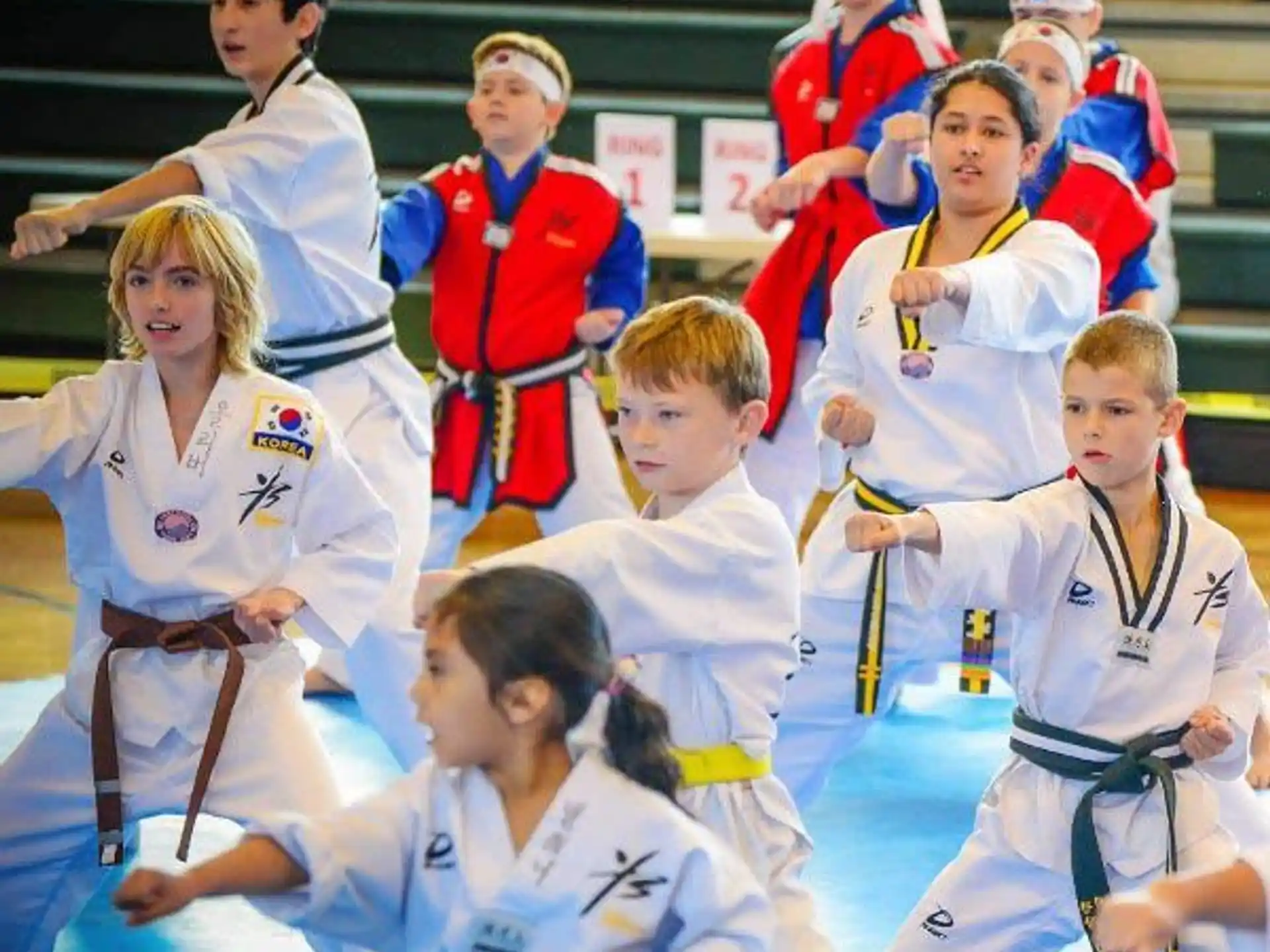 a group of people in karate uniforms