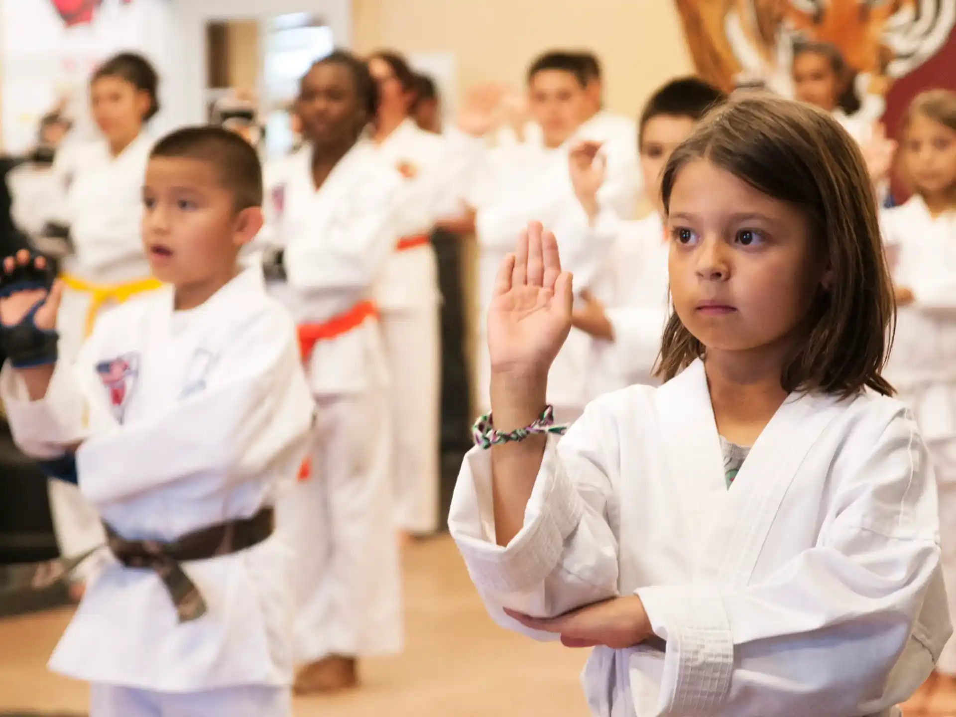 a group of children in karate uniforms