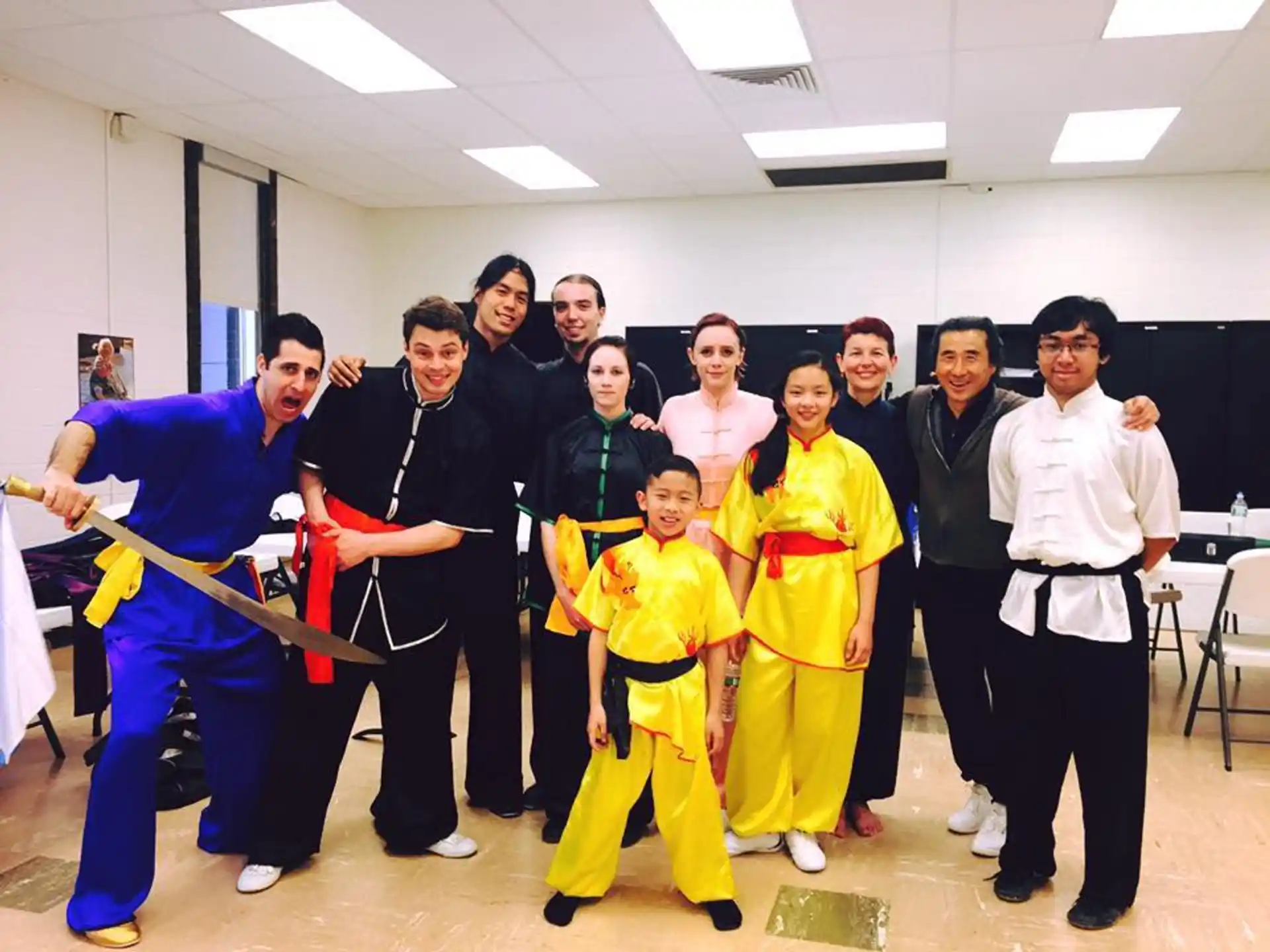 a group of people holding swords