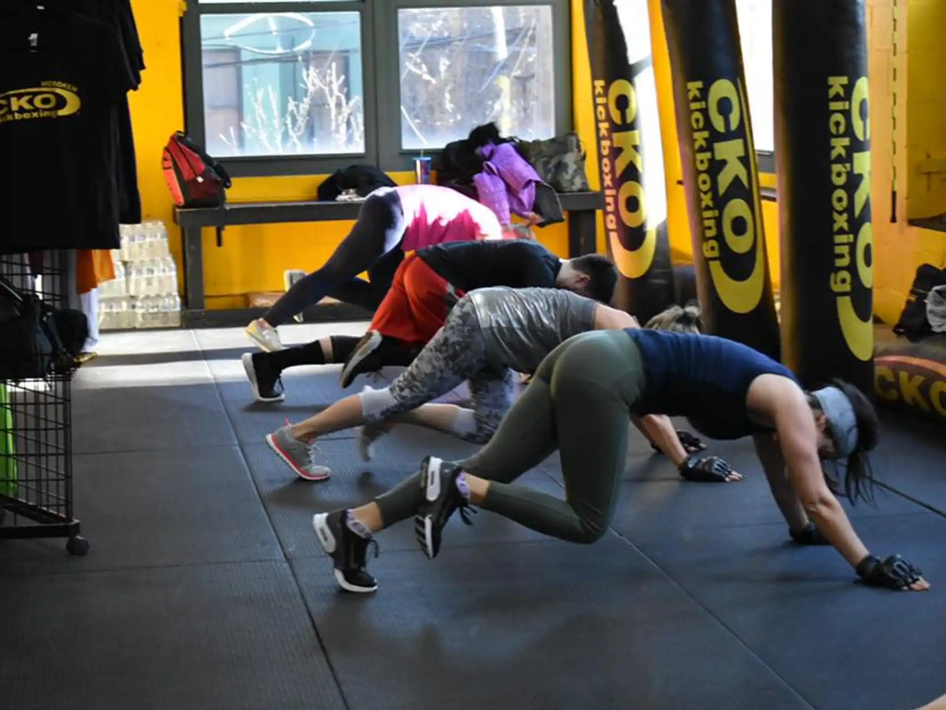 a group of people doing push ups