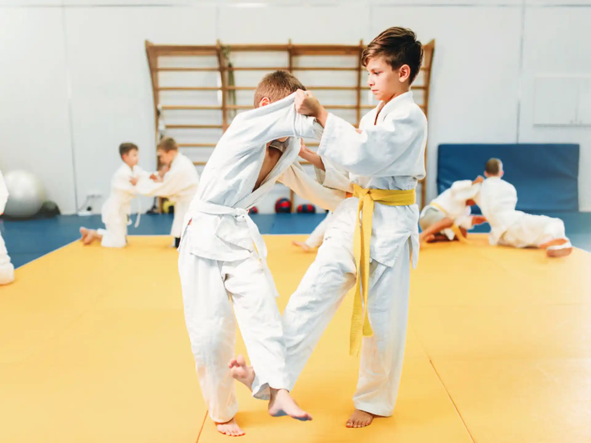 a group of people in karate uniforms
