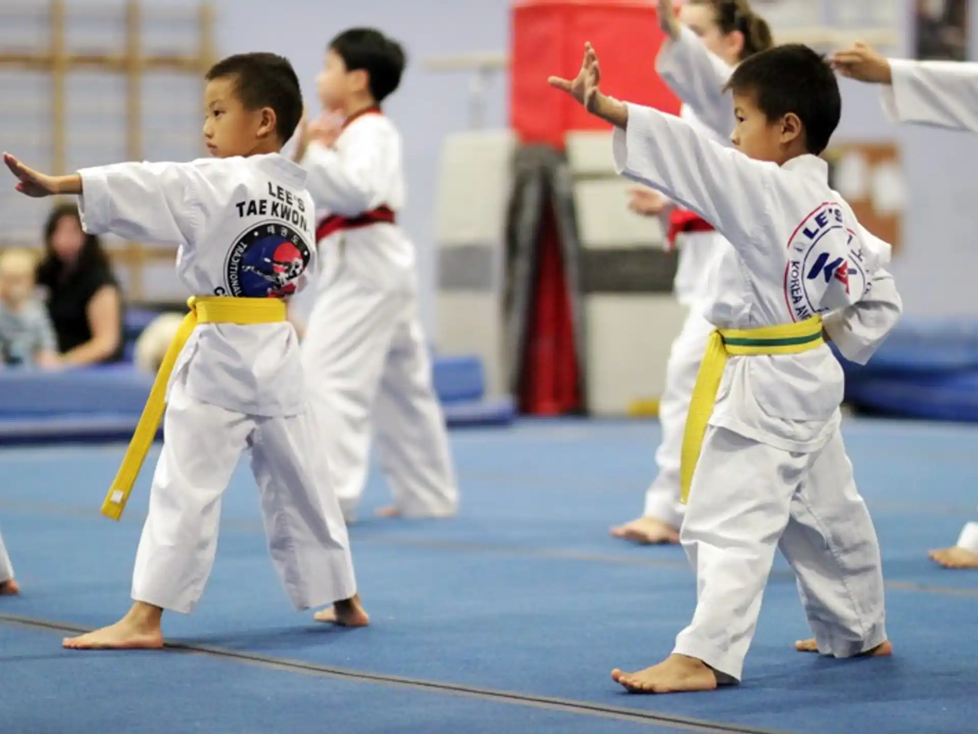 a group of kids in karate uniforms