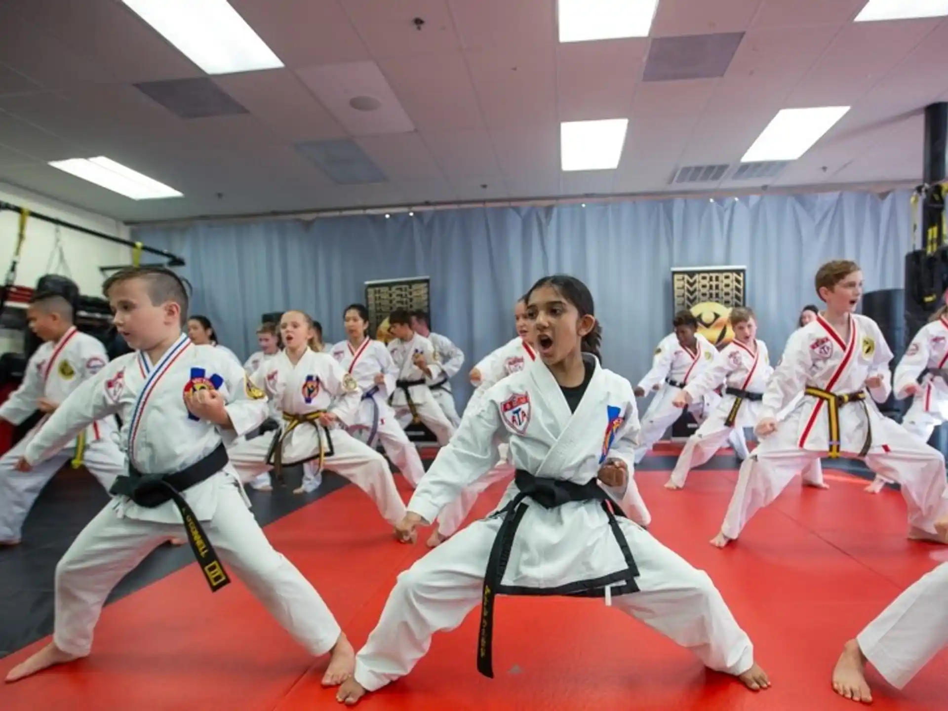 a group of people in karate uniforms