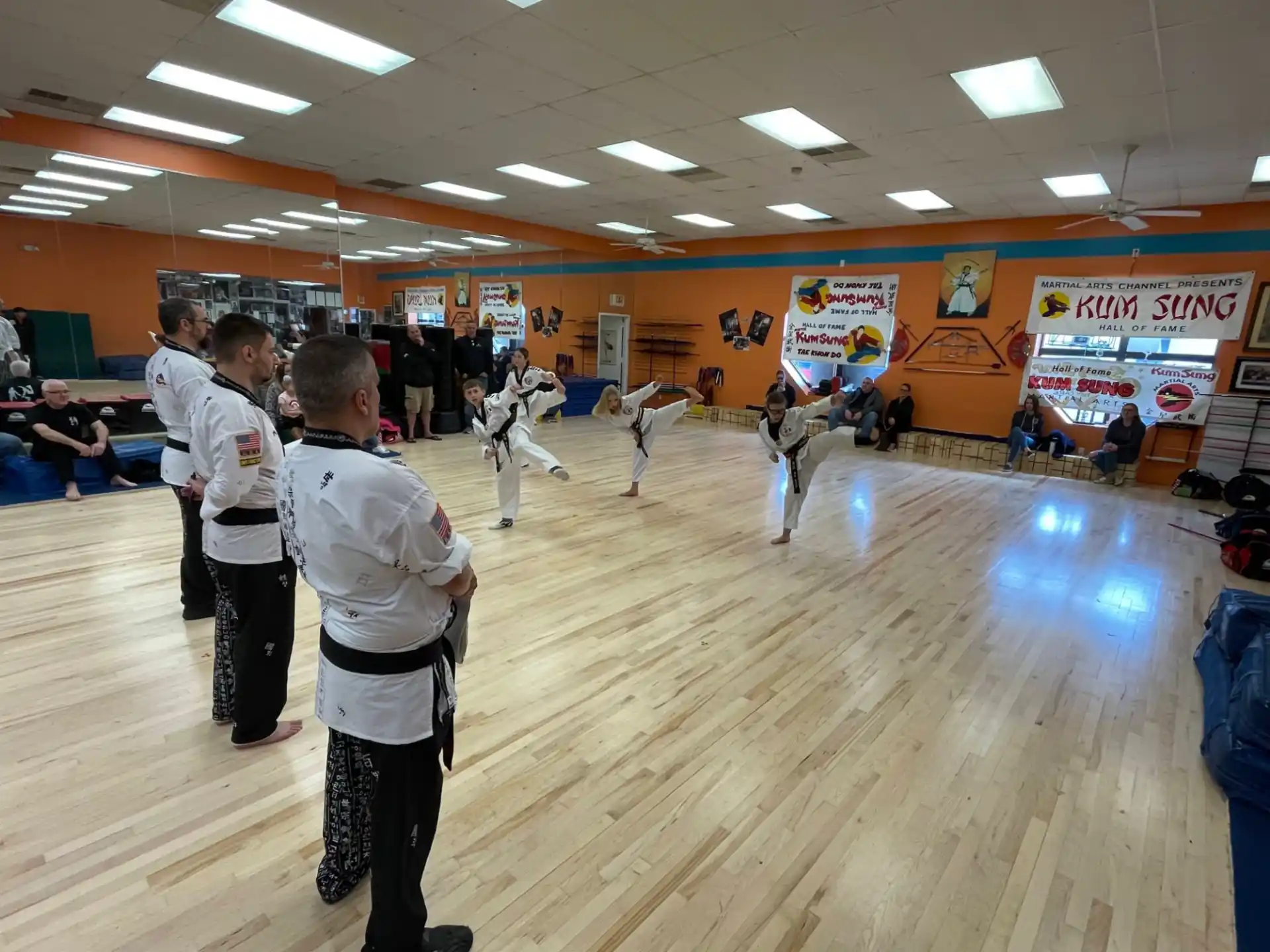 a group of people in a gym