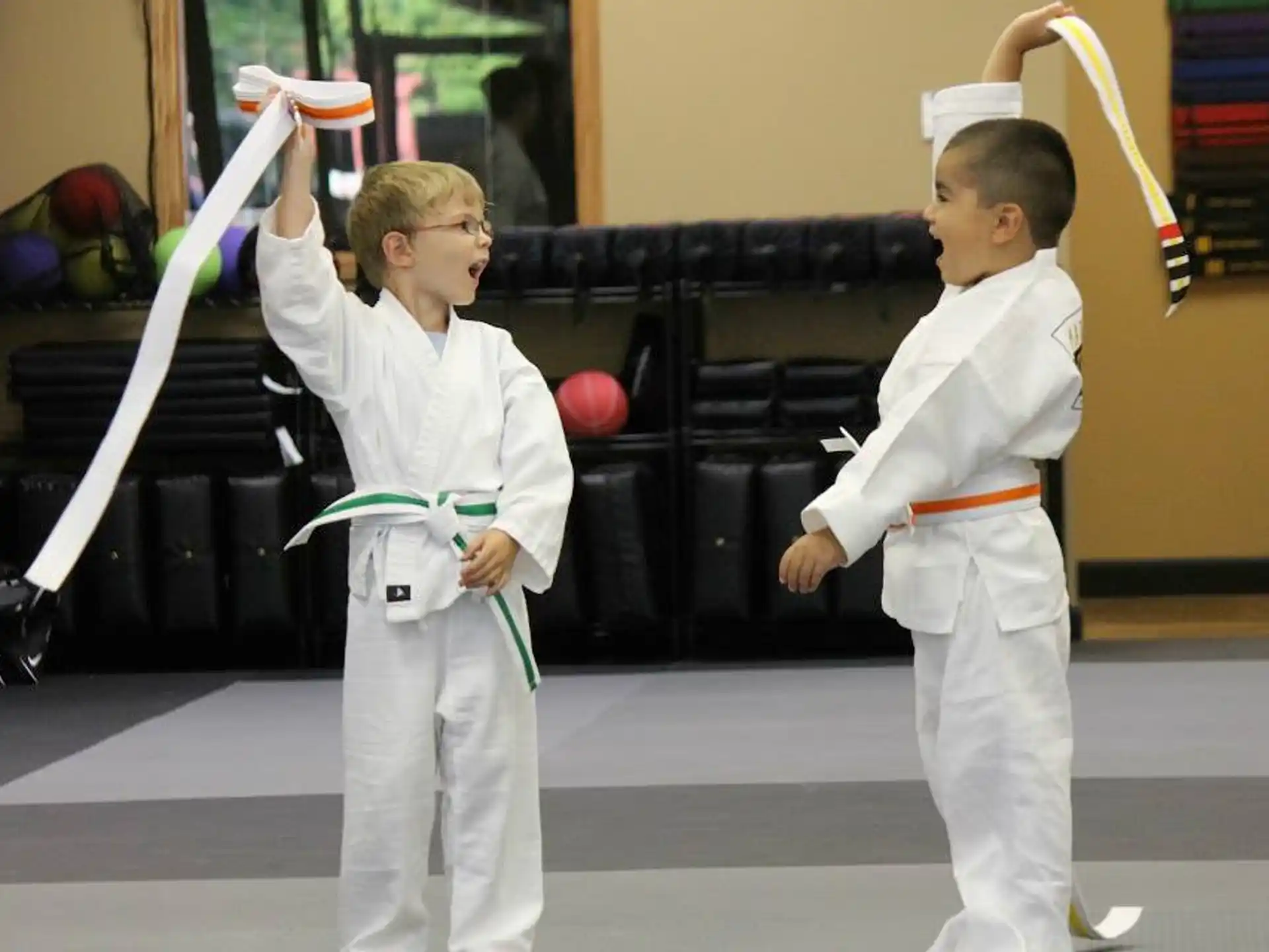 a couple of boys in karate uniforms