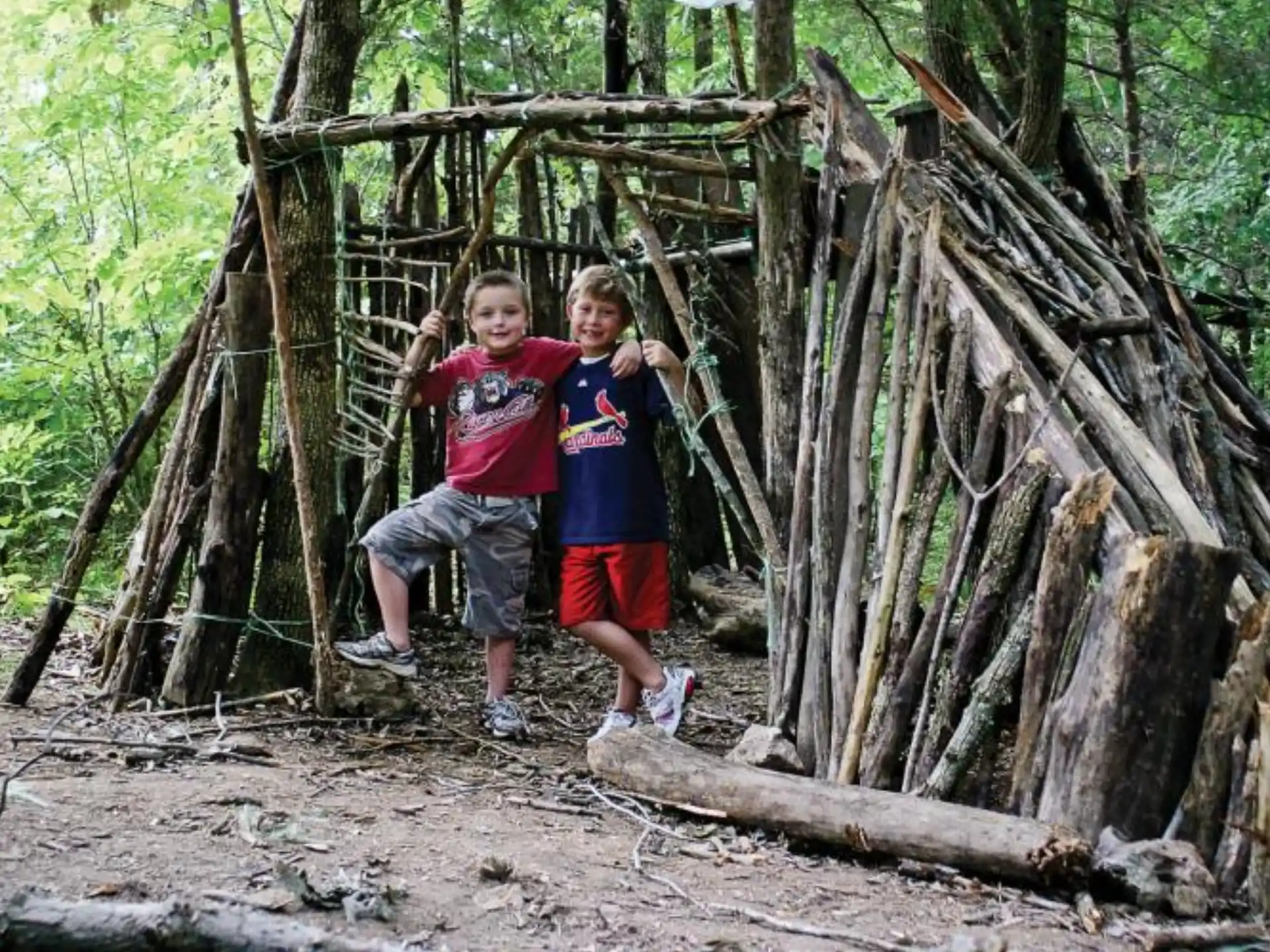 two boys standing on a tree branch
