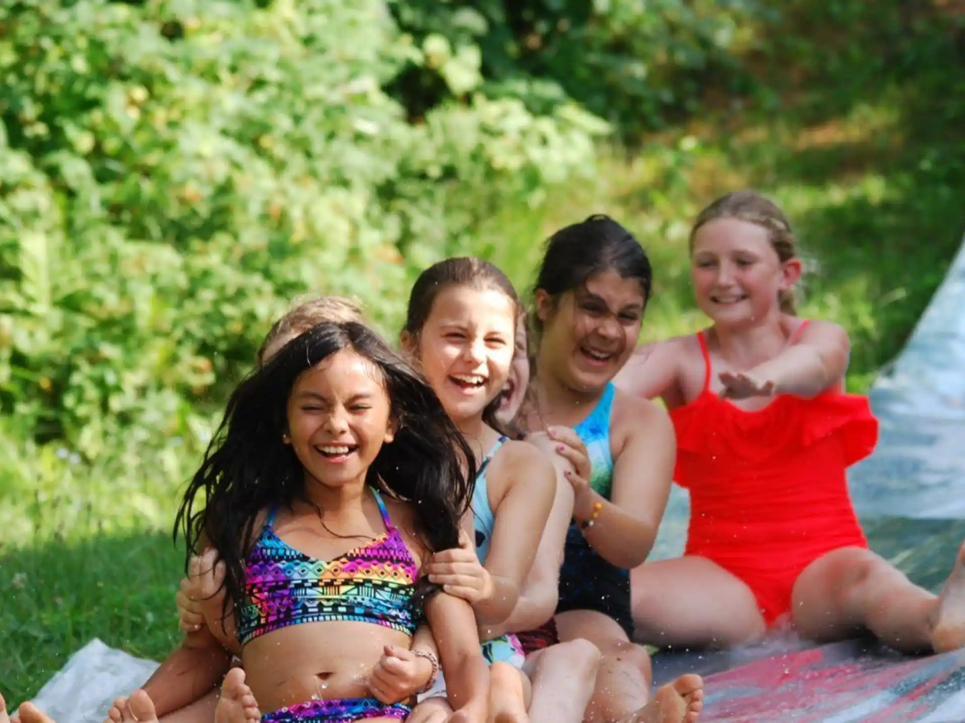 a group of people sitting on a blanket in the grass