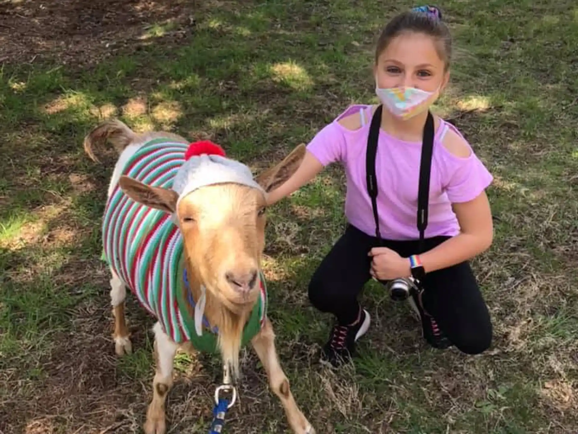 a girl kneeling next to a goat
