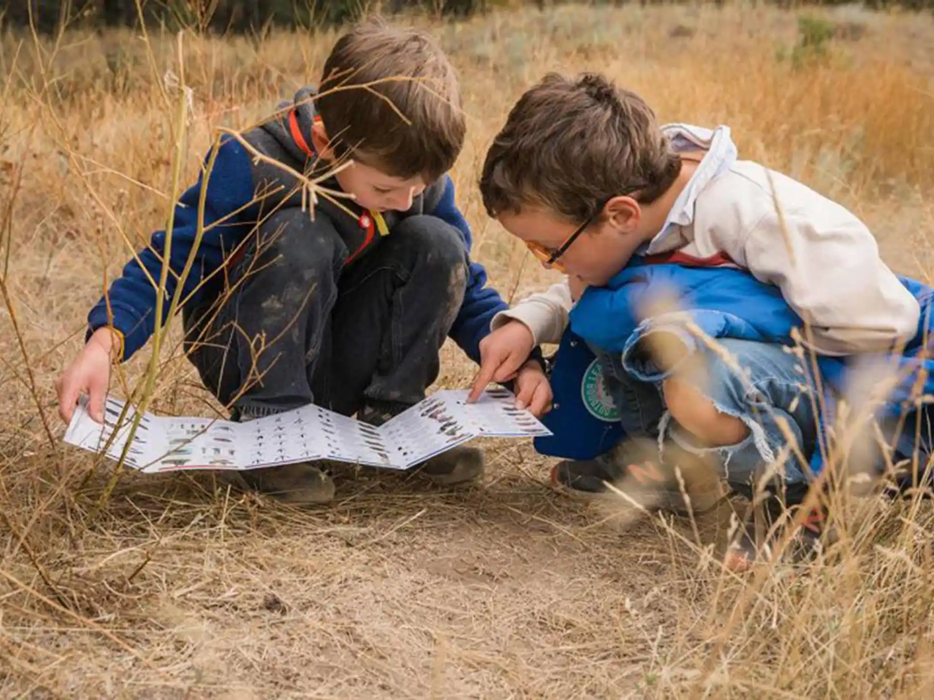 a couple of boys looking at a map in a field