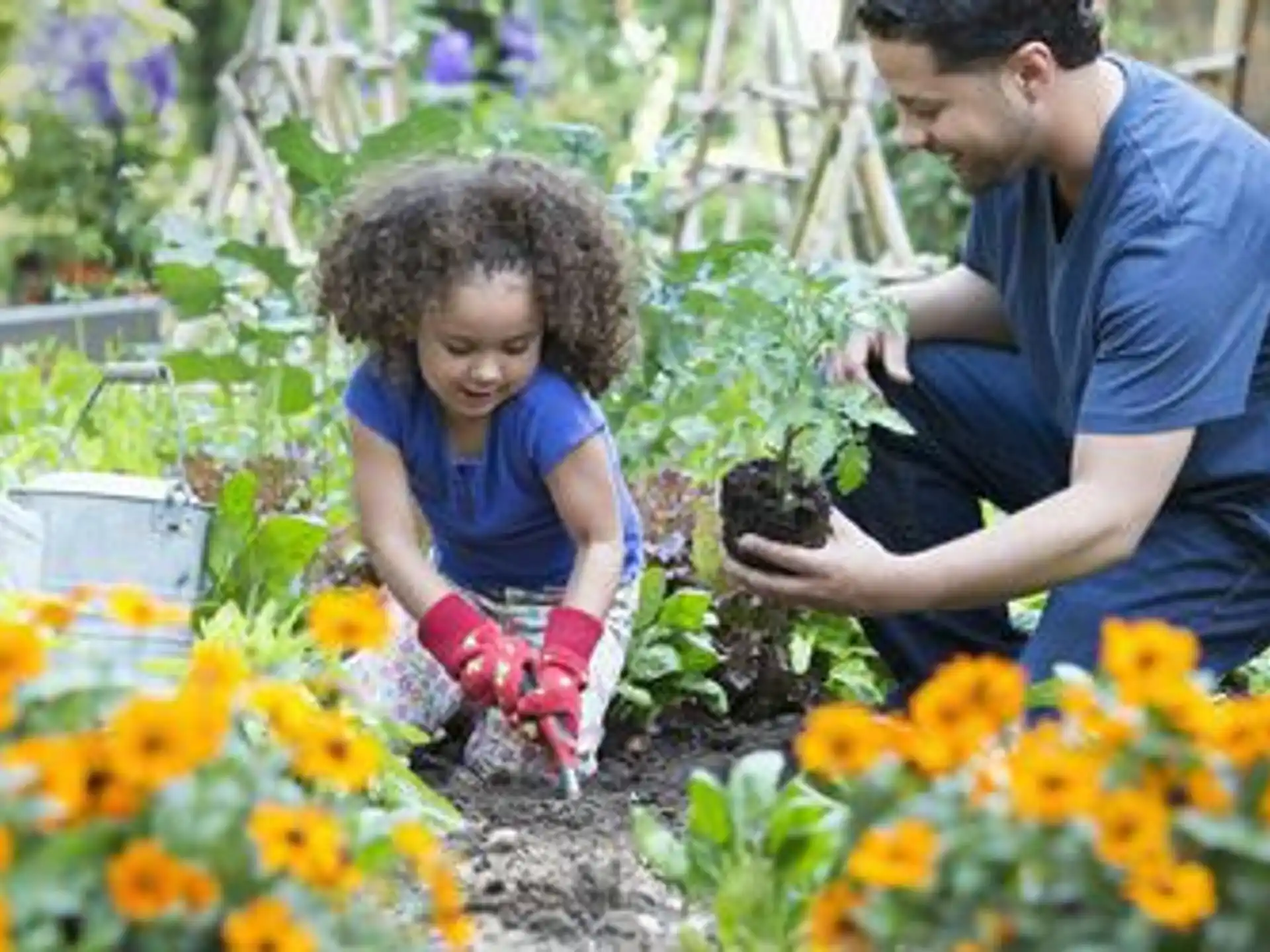 a person and a child planting flowers