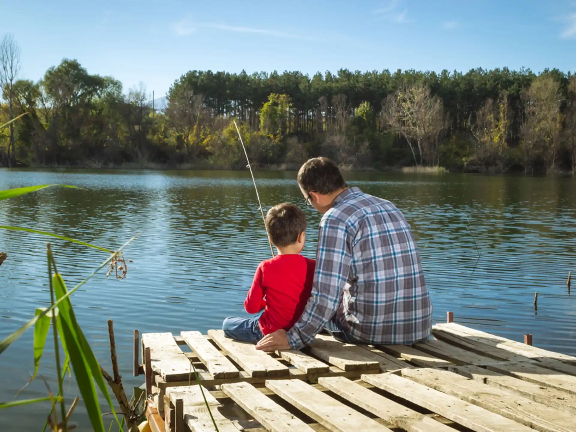 a man and a child sitting on a dock by a lake