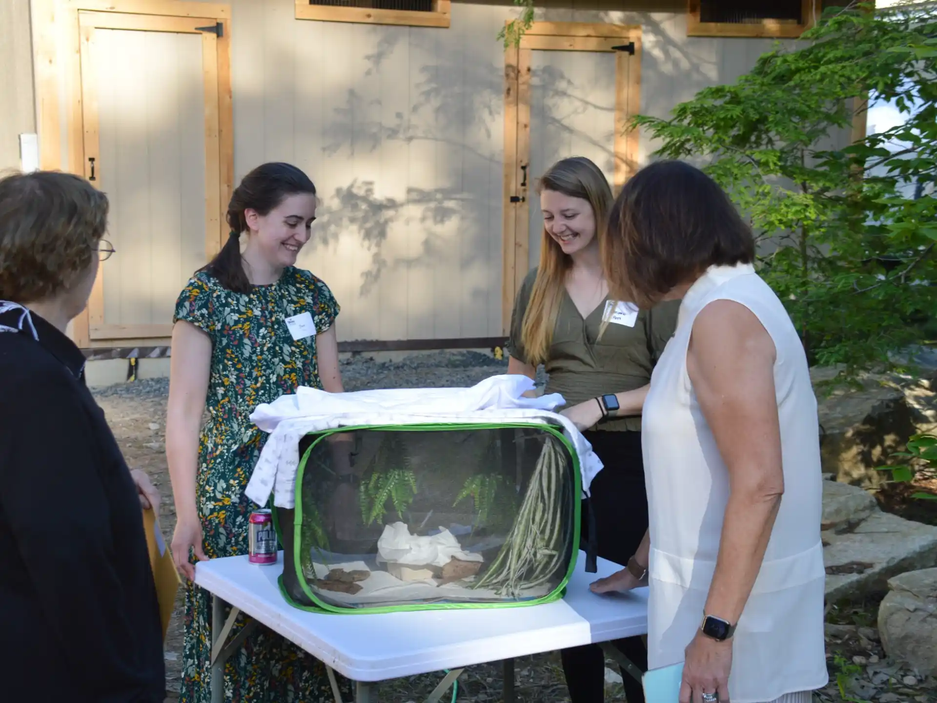 a group of women looking at a fish tank