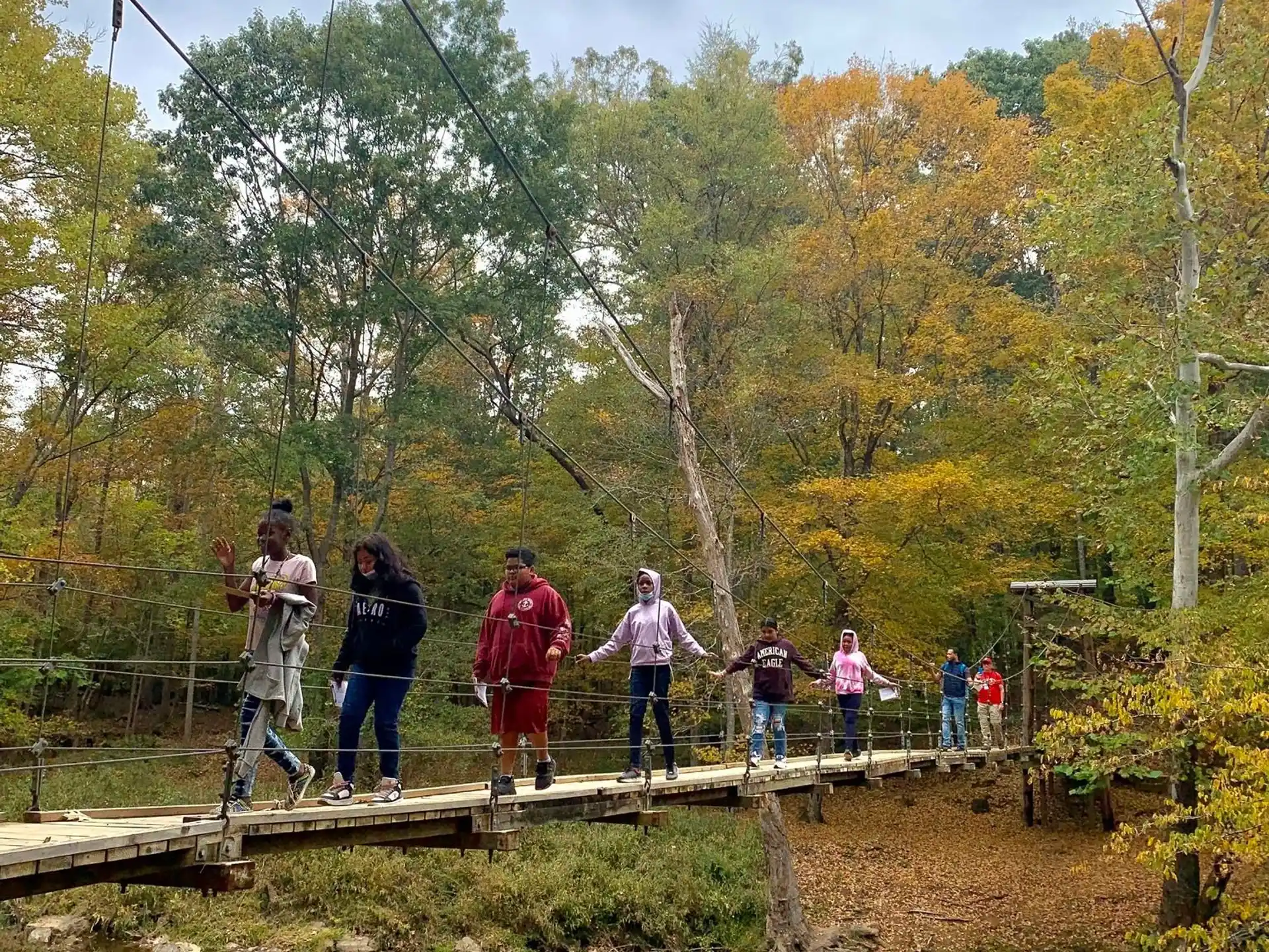 a group of people walking on a bridge over a stream