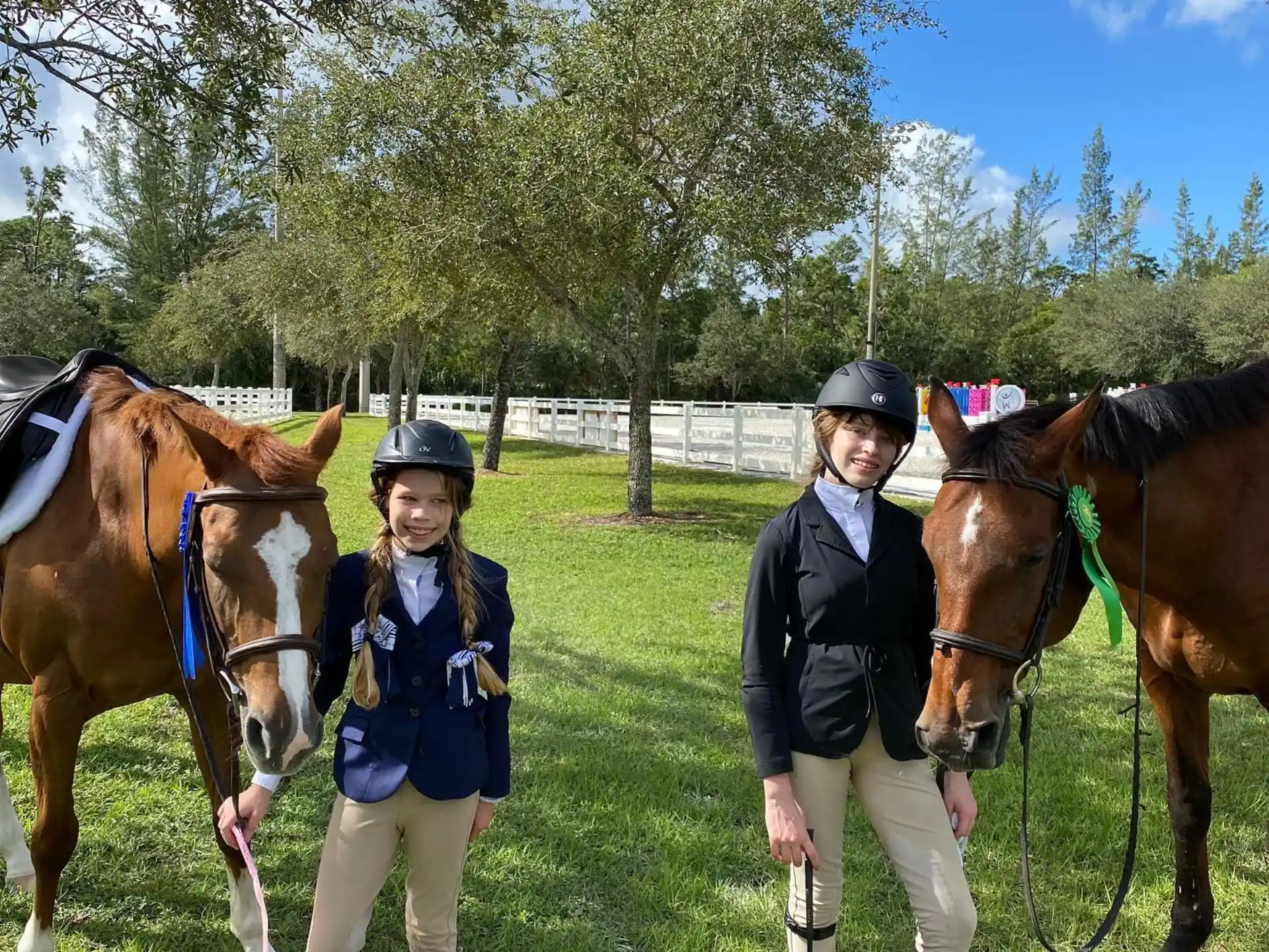 a couple of people standing next to horses in a field