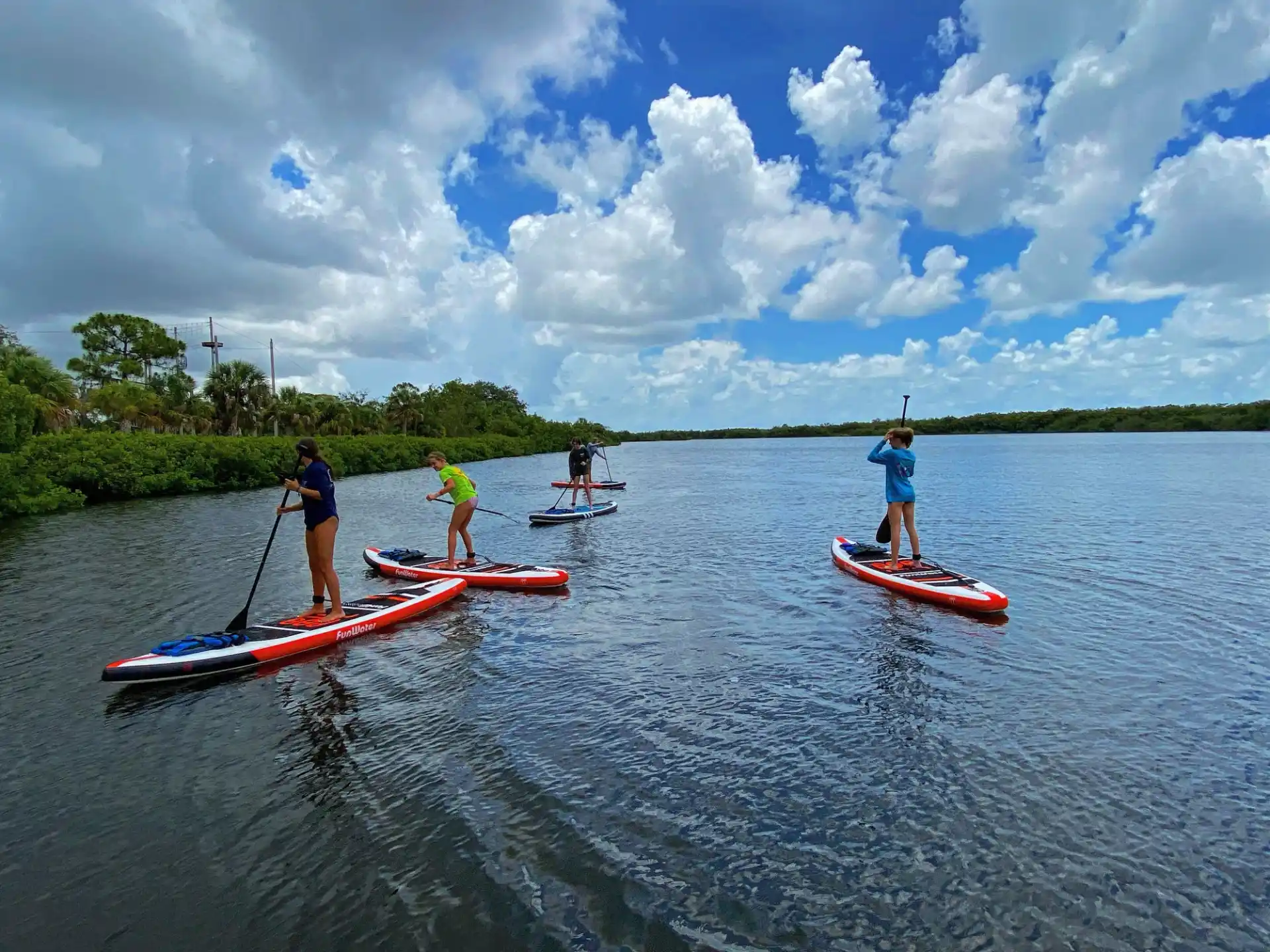 a group of people on paddle boards in a lake