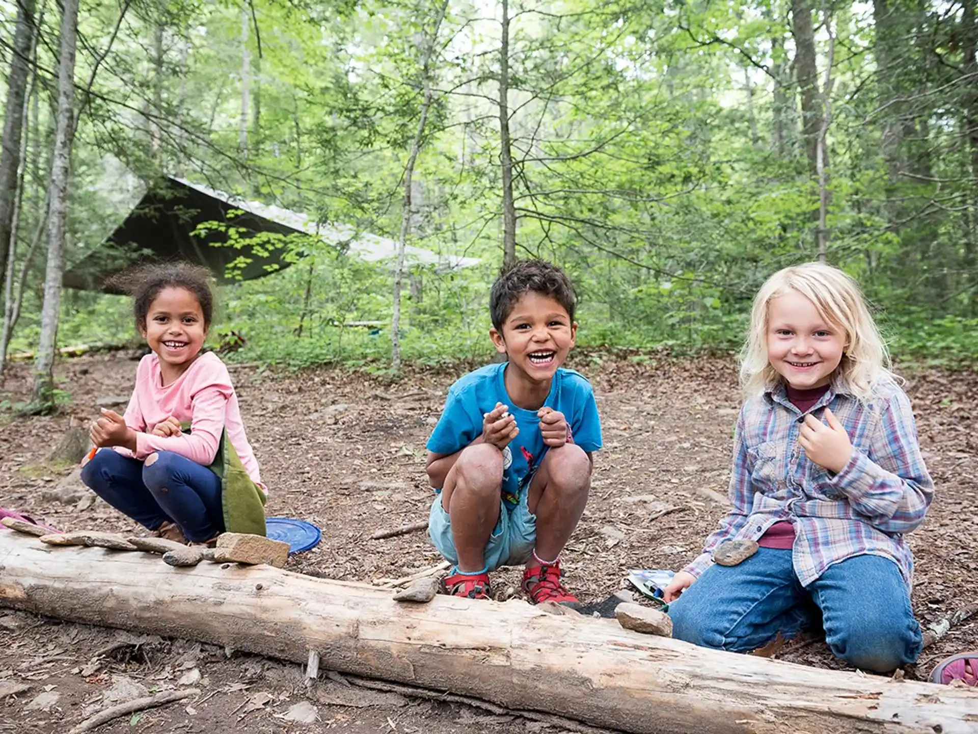 a group of children sitting on a log in the woods