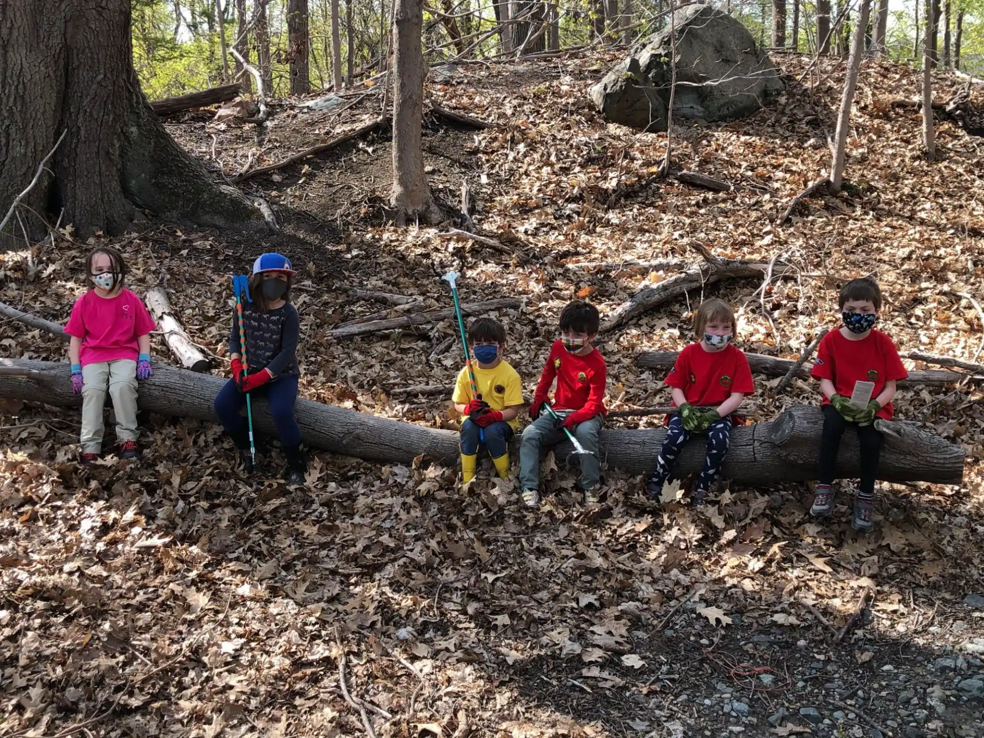 a group of kids sitting on a log in the woods